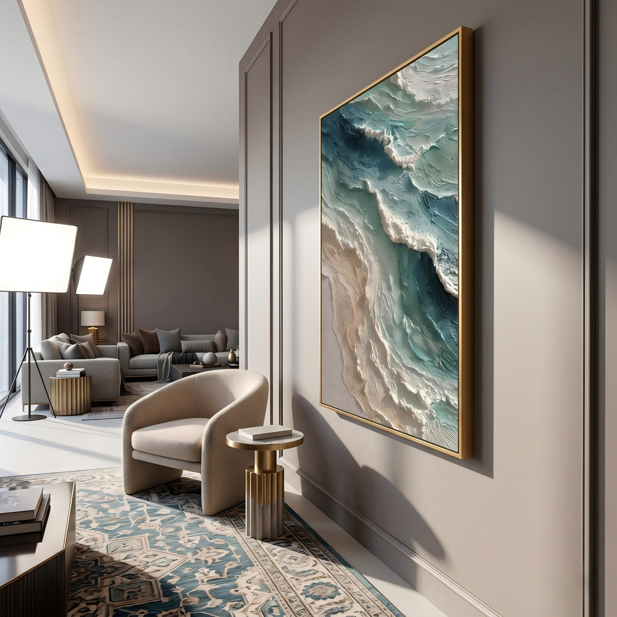 "Blue Green Coastal Wall" - Modern Heavy Impasto Coastal Landscape | Beige Palette Knife Painting | Luxury Vertical Wall Art #PT 2632