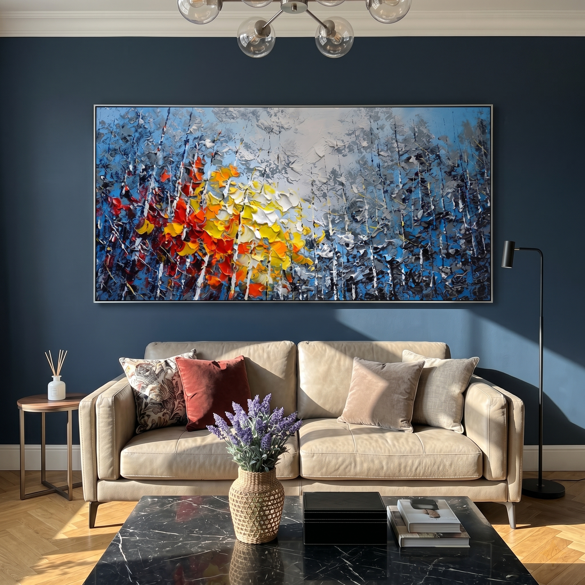 "Vivid Autumn Birch Grove" – Modern Heavy Impasto Impressionist Forest Landscape | 3D Cool Cerulean & Fiery Amber Palette Knife Painting | Luxury Horizontal Wall Art #PT 576