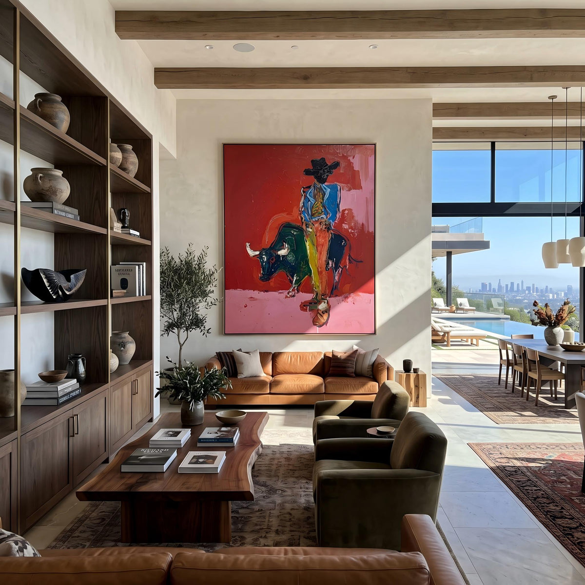 "Bullfighting Western Cowboy" - Modern Heavy Impasto Western Animal Artwork | Pink Palette Knife Painting | Luxury Vertical Wall Art #PT 2648