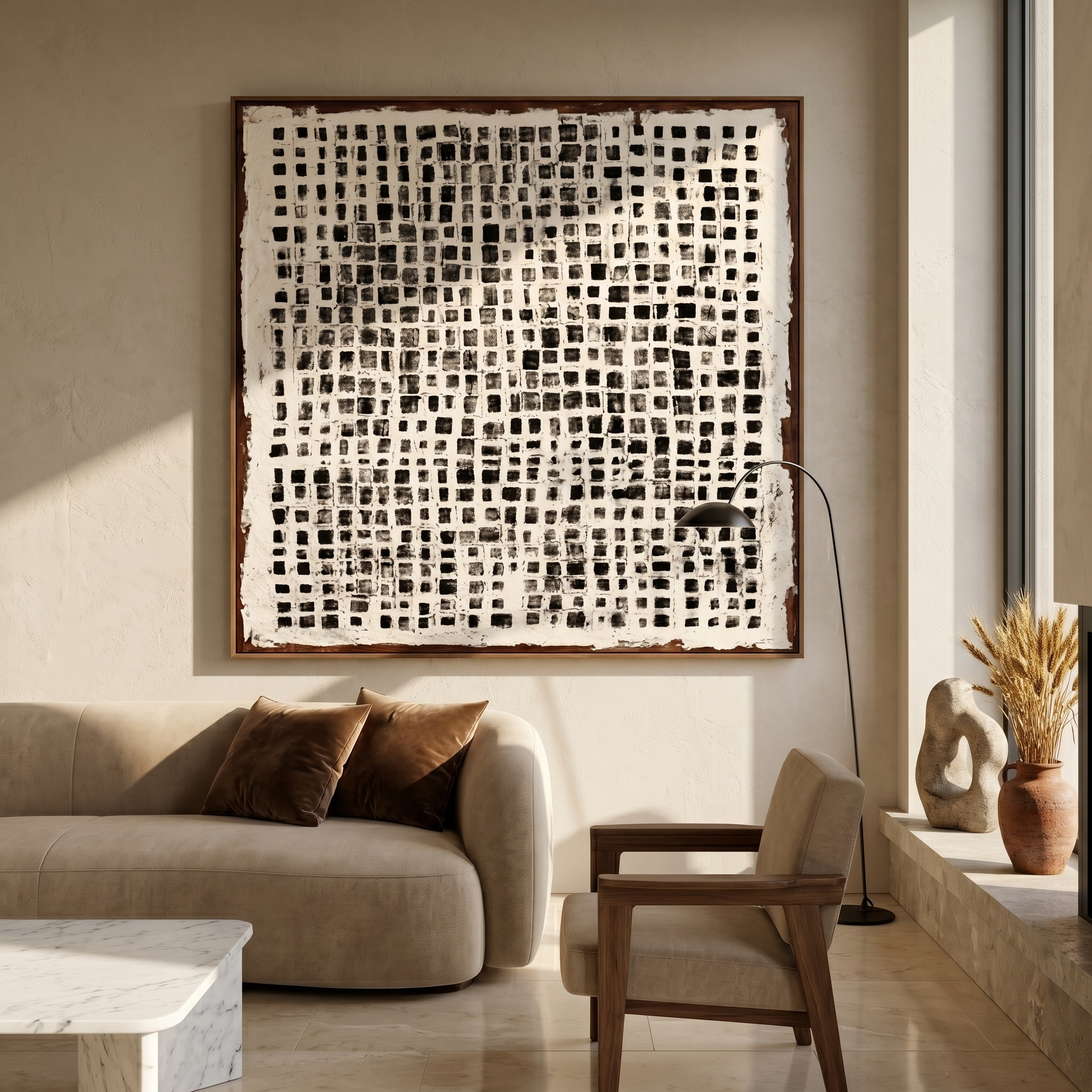 "Vintage Ink Grid" - Modern Heavy Impasto Minimal Geometric Art | 3D Charcoal Black & Off-White Palette Knife Painting | Luxury Square Wall Art #WS259