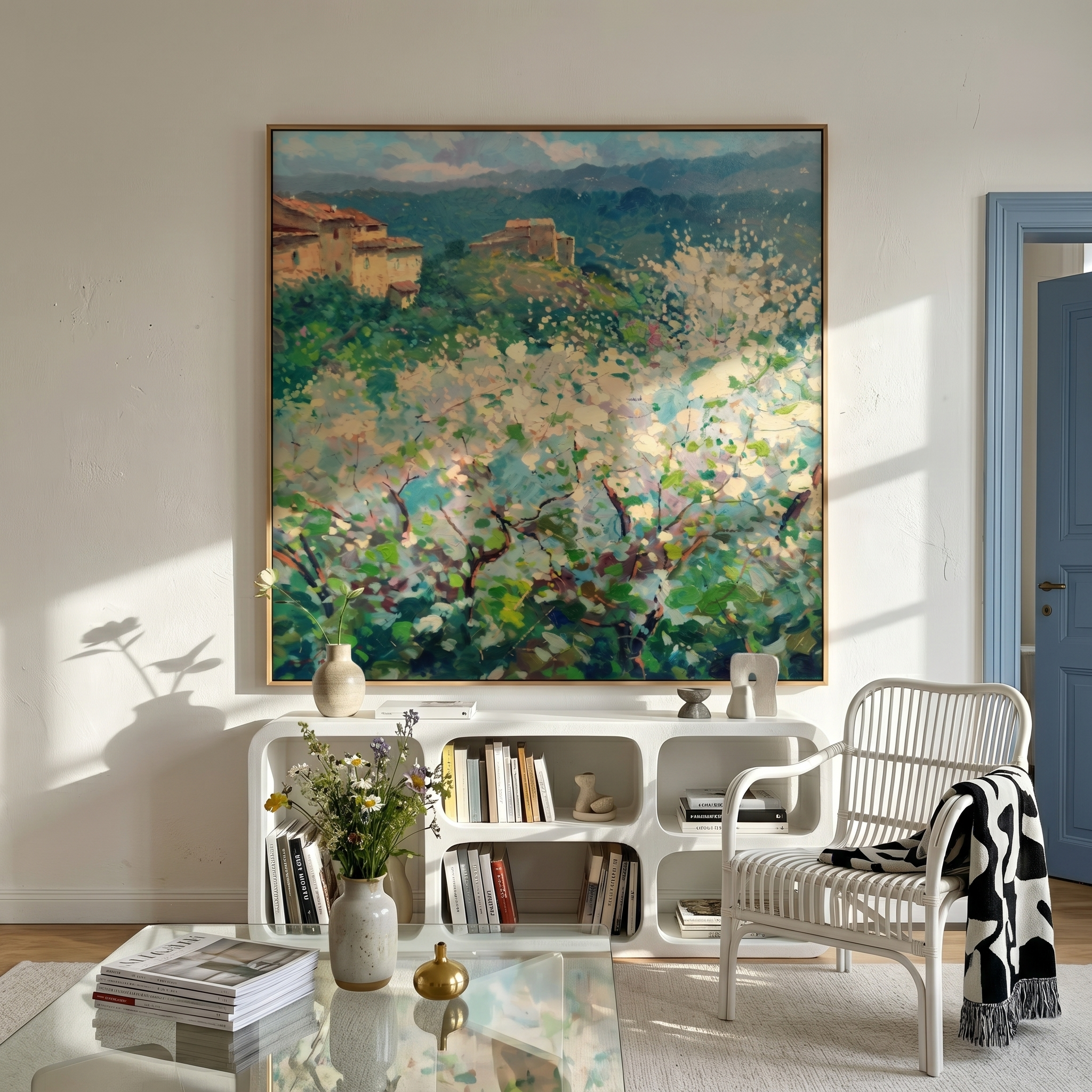 "Tuscan Spring Blossom Hamlet" - Modern Heavy Impasto Impressionist Country Landscape | 3D Soft Ivory Bloom & Forest Sage Palette Knife Painting | Luxury Square Wall Art #PT 584