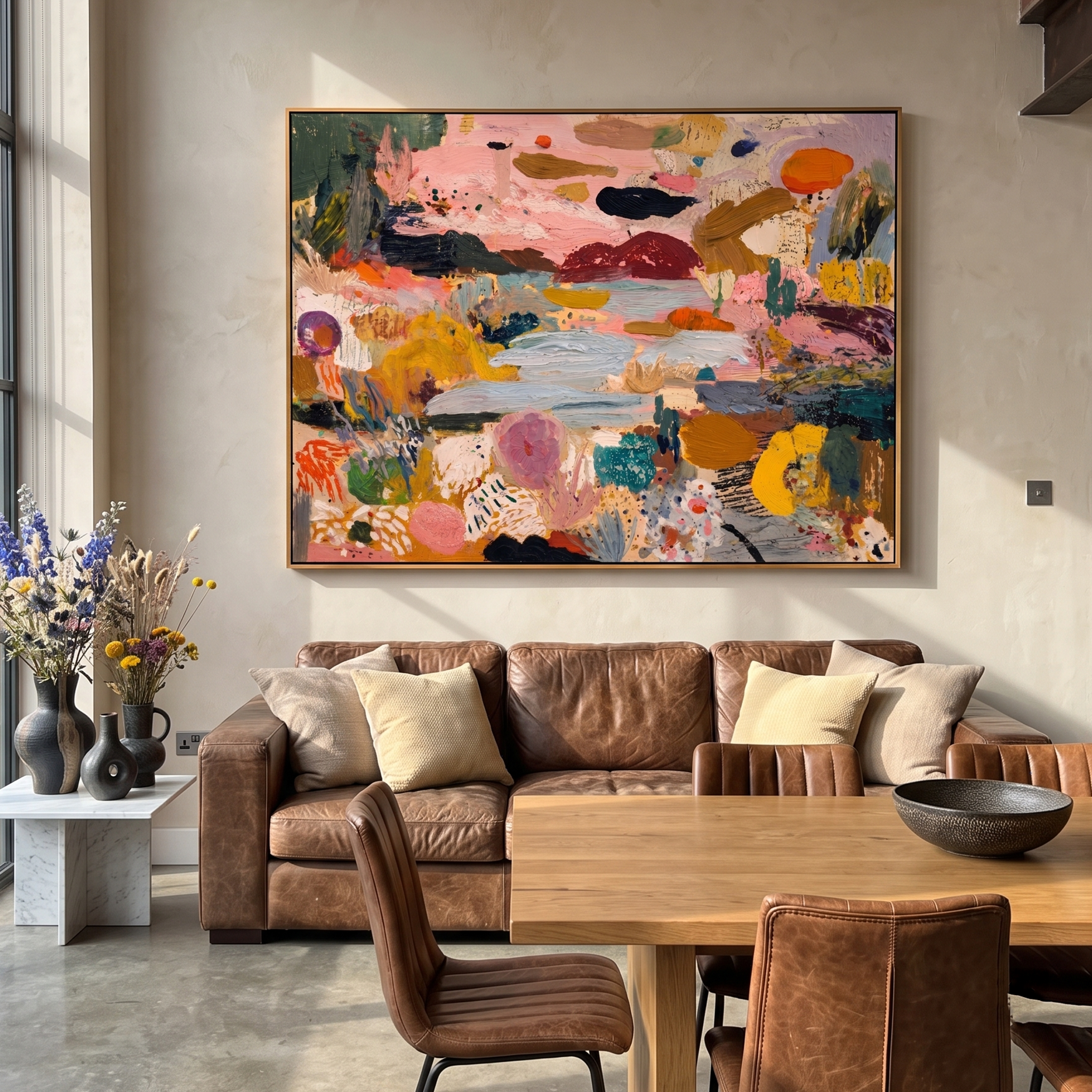 "Blooming River Garden" - Modern Heavy Impasto Abstract Landscape | Colorful Pink & Ochre Palette Knife Painting | Luxury Horizontal Wall Art #PT 594