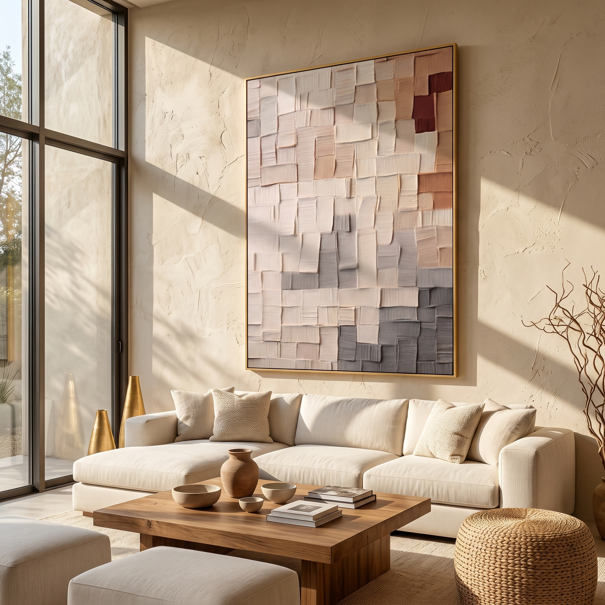 "Gradient Woven Clay Tile Relief" – Modern Heavy Impasto Geometric Minimal Abstract | 3D Warm Taupe & Ash Grey Palette Knife Painting | Luxury Vertical Wall Art #PT 575