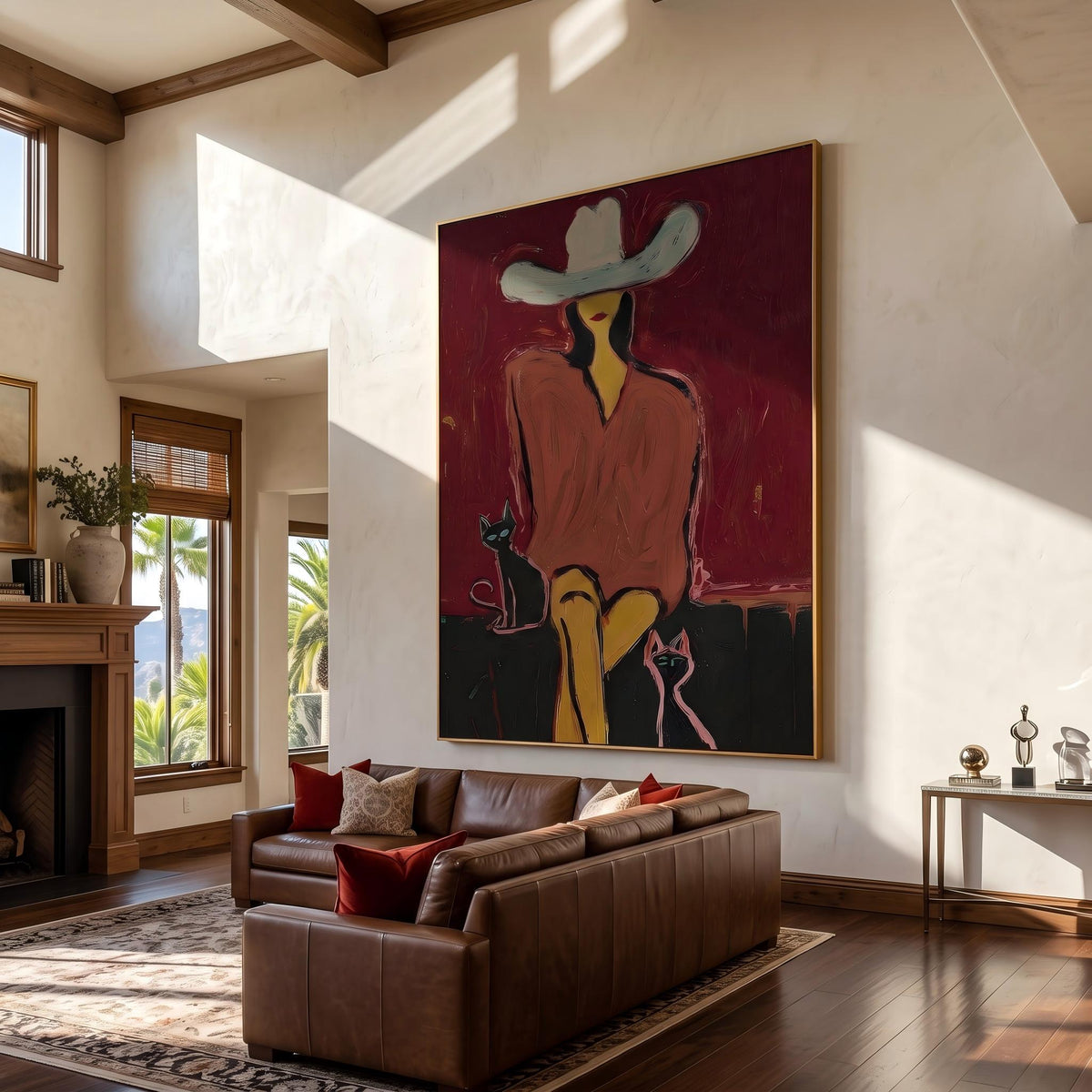"Western Woman and Cat" - Modern Heavy Impasto Western Animal Artwork | Golden Palette Knife Painting | Luxury Vertical Wall Art #PT 2641