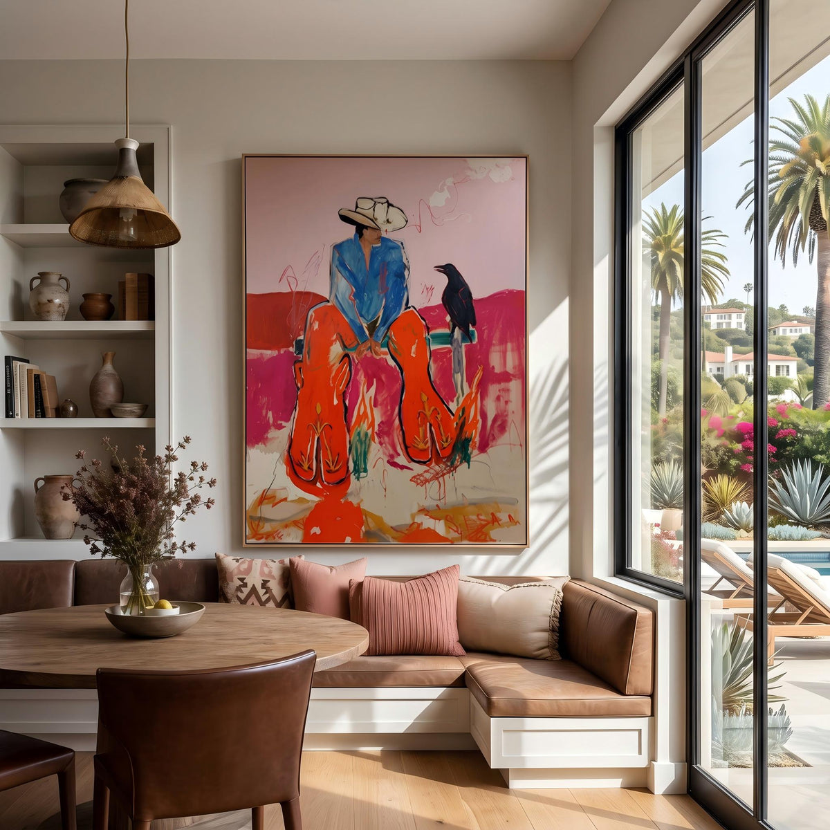 "Crow Cowboy" - Modern Heavy Impasto Western Animal Artwork | Pink Palette Knife Painting | Luxury Vertical Wall Art #PT 2649