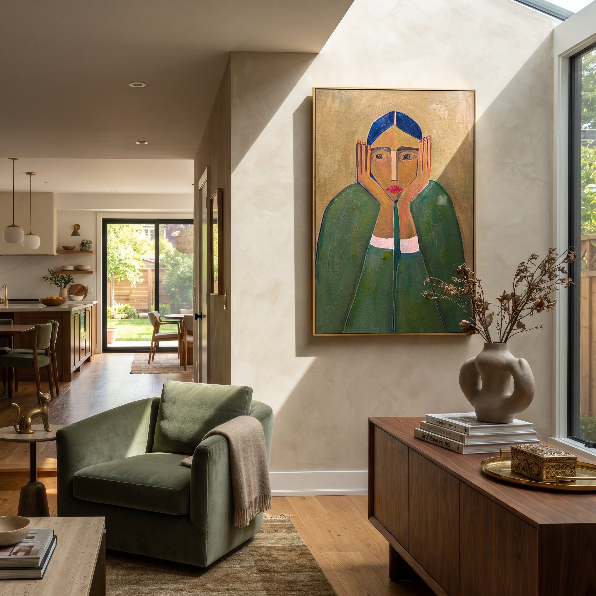 "Contemplative Primitive Lady Portrait" – Modern Heavy Impasto Figurative Art | 3D Olive & Emerald Palette Knife Painting | Luxury Vertical Wall Art #PT 639