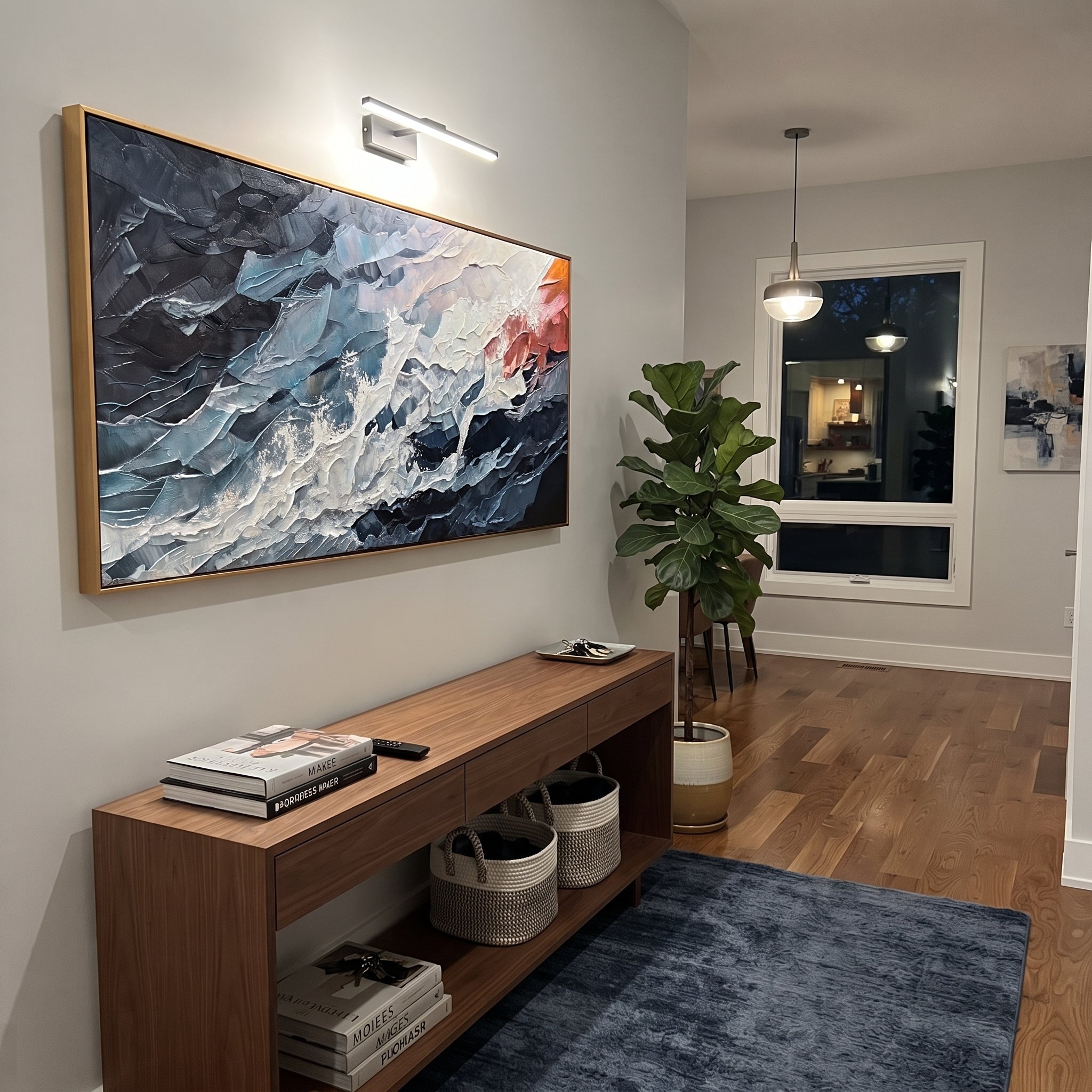 "Azure Ocean Passage" is a 100% hand-painted seascape created with professional oil and acrylic paints on high-quality canvas. Its blue & red palette and visible textured strokes give every piece authentic handmade variation and tactile depth.