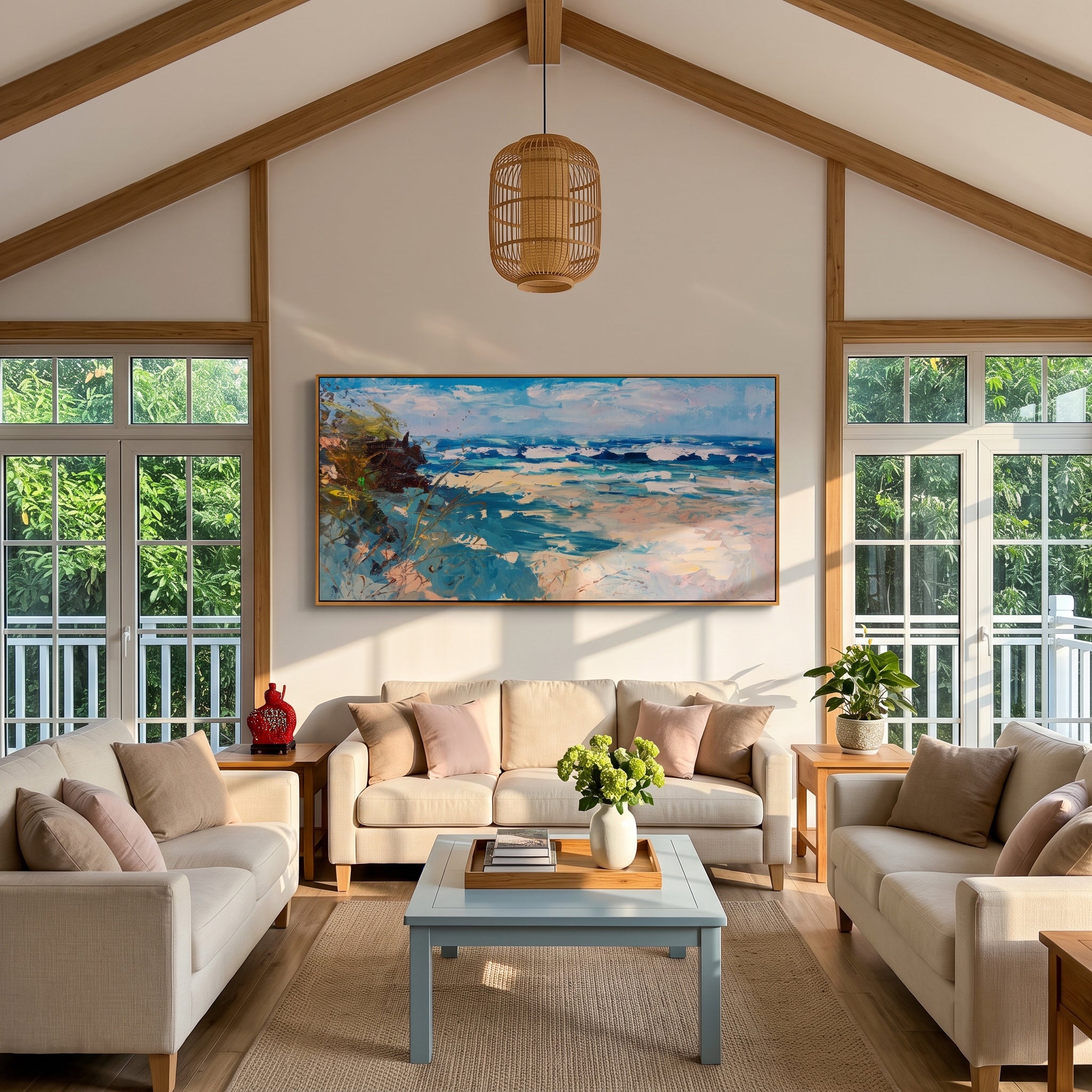 "Textured Dune Shore Ocean Waves" – Modern Heavy Impasto Impressionist Seascape | 3D Turquoise Aqua & Cream Sand Palette Knife Painting | Luxury Horizontal Wall Art #PT 578