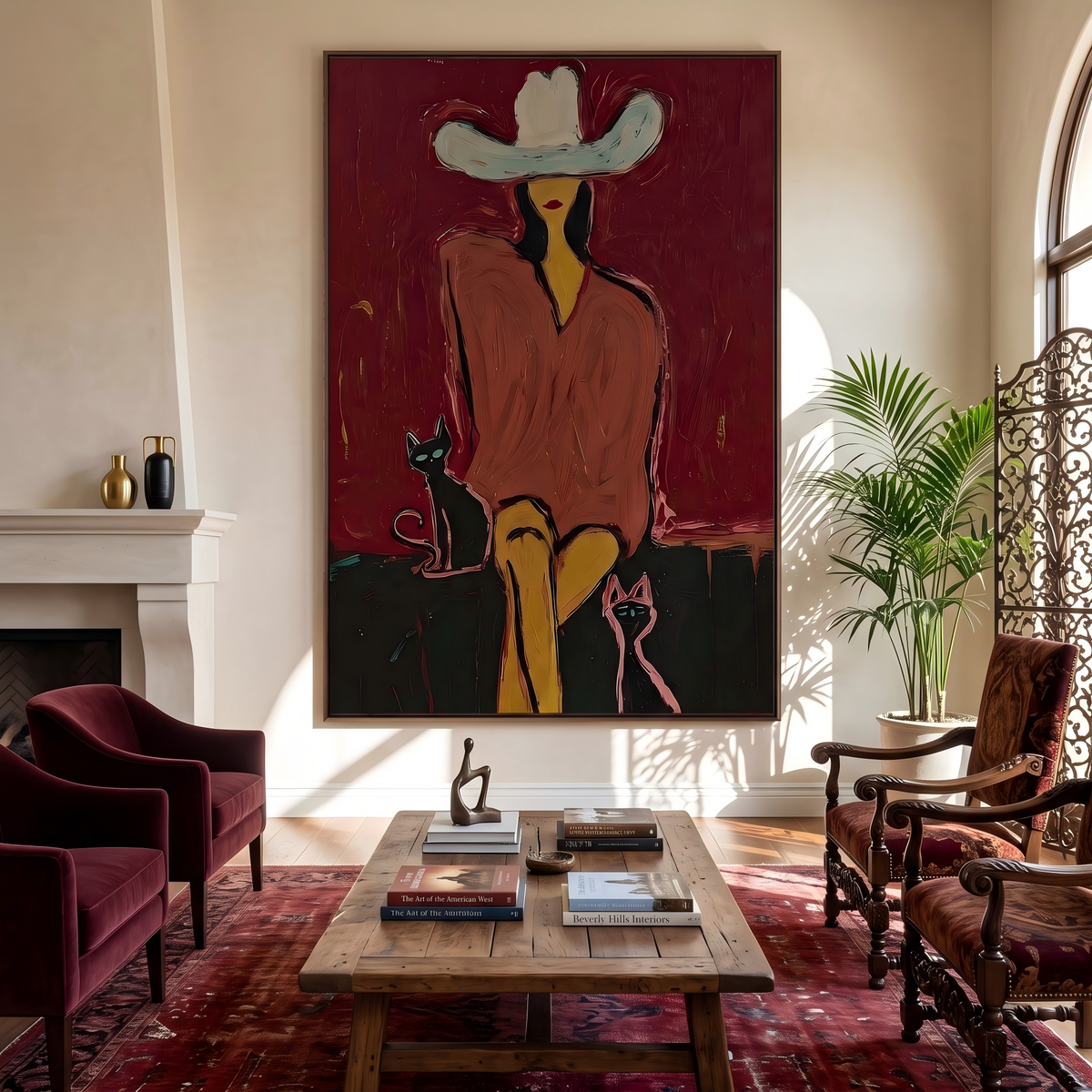 "Western Woman and Cat" - Modern Heavy Impasto Western Animal Artwork | Golden Palette Knife Painting | Luxury Vertical Wall Art #PT 2641