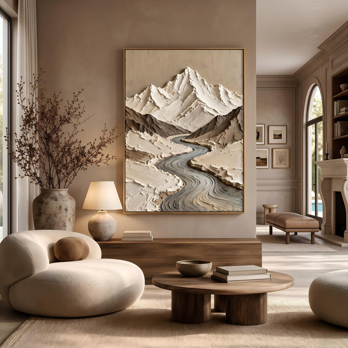"Thick Impasto Mountain Valley" - Modern Heavy Impasto Landscape Artwork | Beige Palette Knife Painting | Luxury Vertical Wall Art #PT 2602