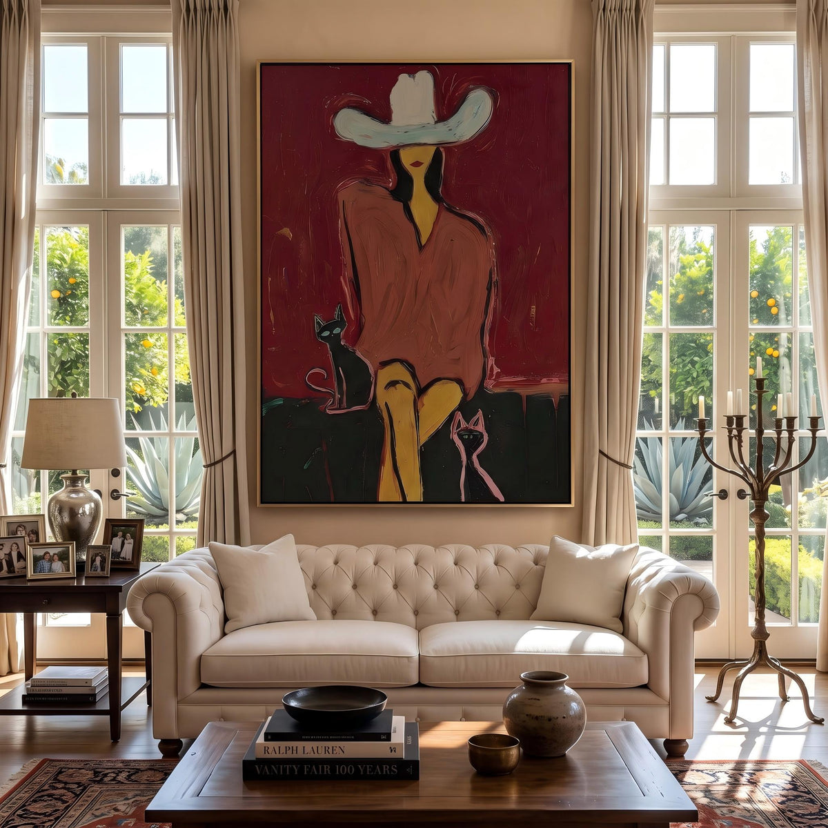 "Western Woman and Cat" - Modern Heavy Impasto Western Animal Artwork | Golden Palette Knife Painting | Luxury Vertical Wall Art #PT 2641