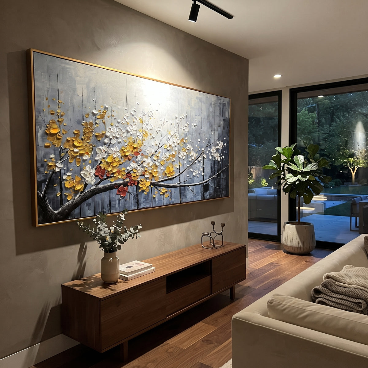 "Azure Quiet Motion" is a 100% hand-painted abstract artwork created with professional oil and acrylic paints on high-quality canvas. Its blue & orange palette and visible textured strokes give every piece authentic handmade variation and tactile depth.