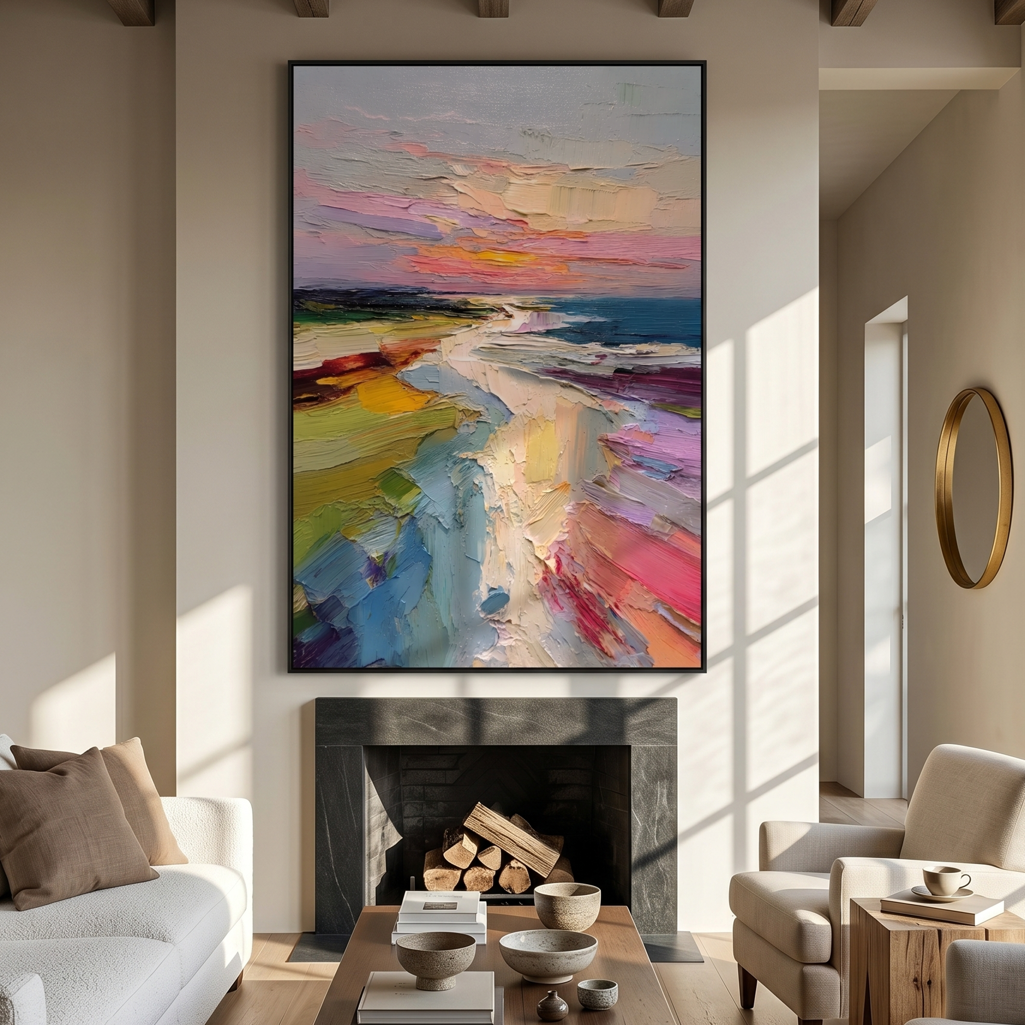 "Pastel Sunset Coastal Path" - Modern Heavy Impasto Impressionist Seascape | 3D Blush Pink & Mint Teal Palette Knife Painting | Luxury Vertical Wall Art #PT 586