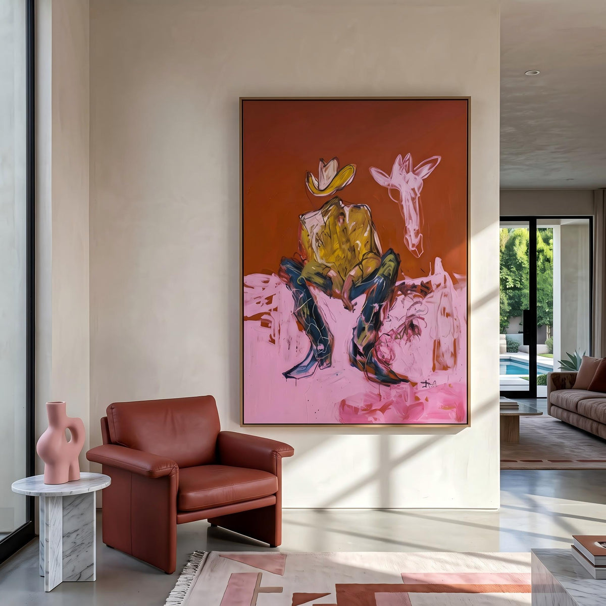 "Squatting faceless cowboy" - Modern Heavy Impasto Western Animal Artwork | Pink Palette Knife Painting | Luxury Vertical Wall Art #PT 2645
