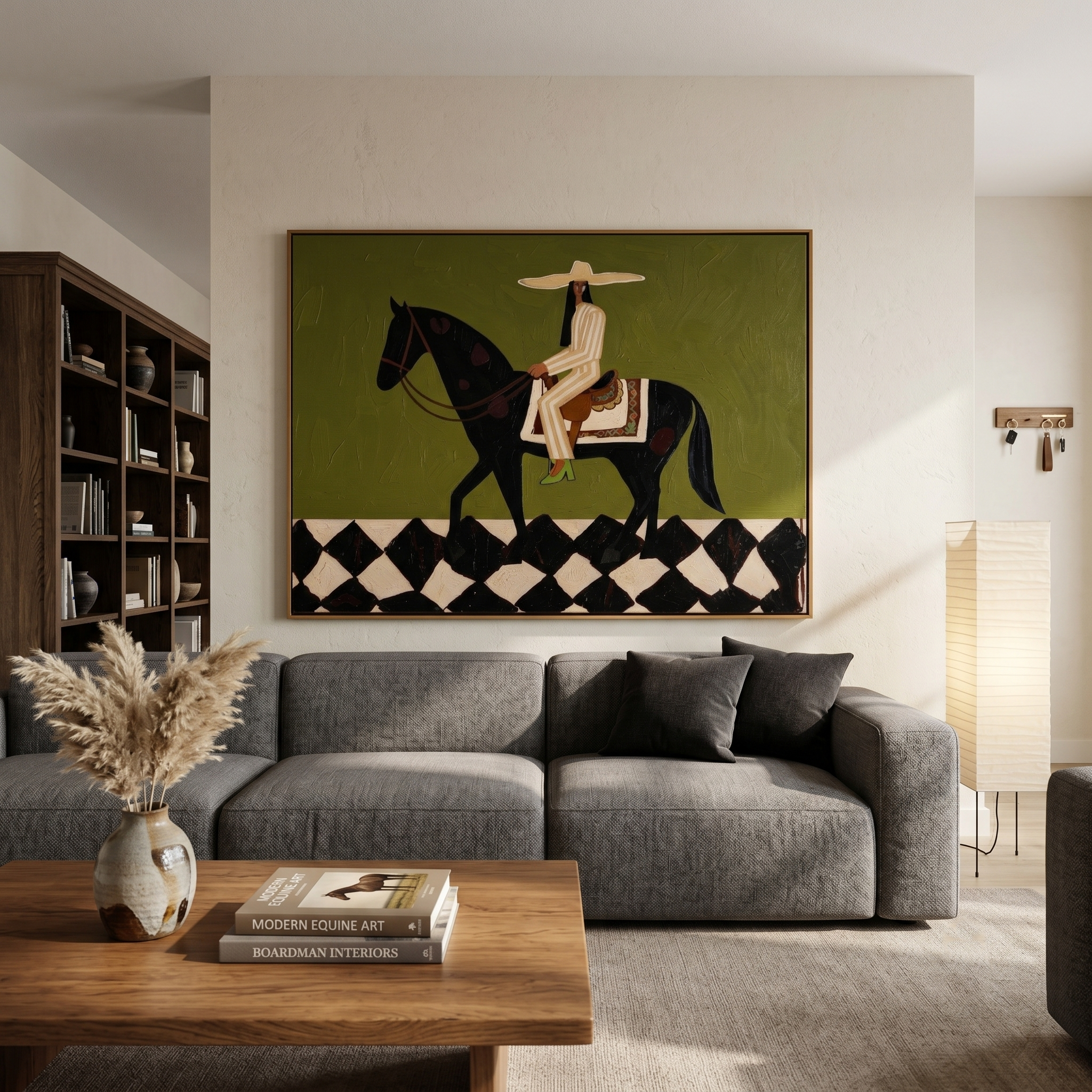 "Green Prairie Rider" - Modern Western Horse and Rider Art | Textured Green & Black Cowboy Canvas Painting | Luxury Horizontal Wall Art #PT 592
