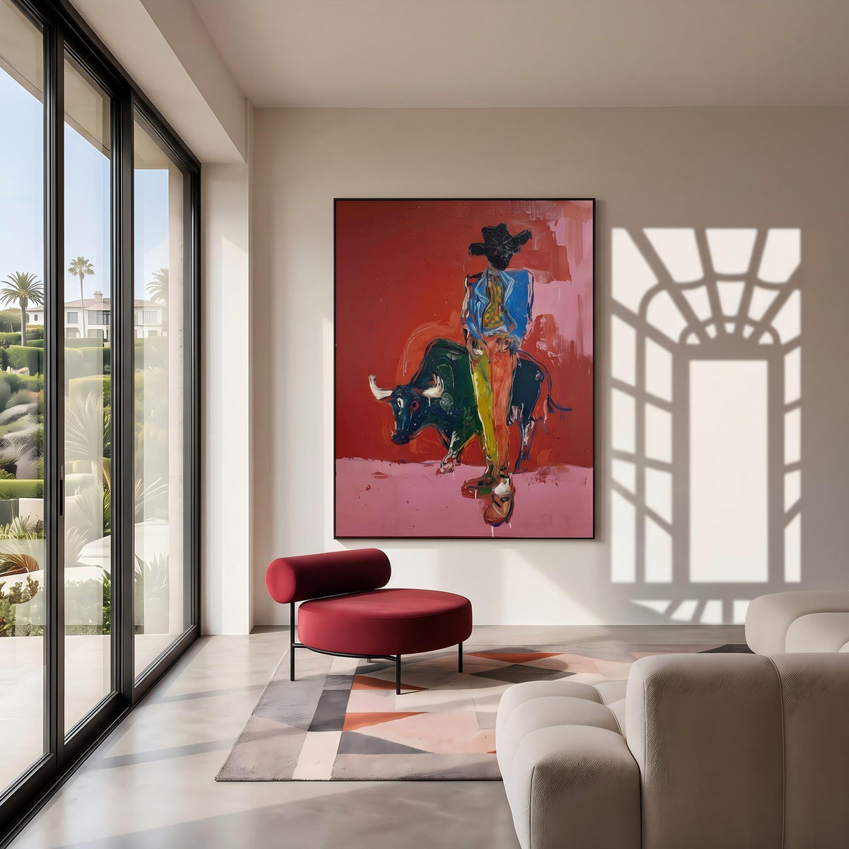 "Bullfighting Western Cowboy" - Modern Heavy Impasto Western Animal Artwork | Pink Palette Knife Painting | Luxury Vertical Wall Art #PT 2648