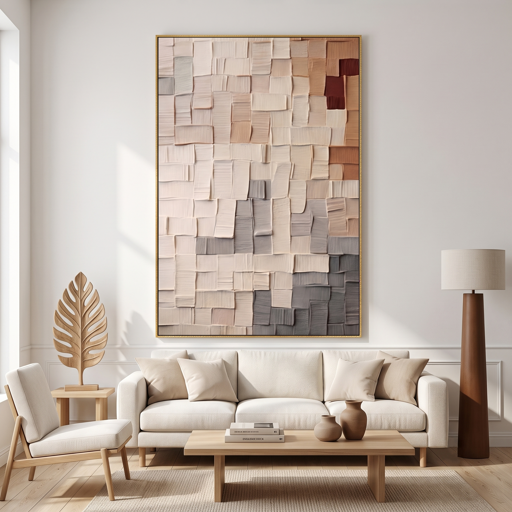 "Gradient Woven Clay Tile Relief" – Modern Heavy Impasto Geometric Minimal Abstract | 3D Warm Taupe & Ash Grey Palette Knife Painting | Luxury Vertical Wall Art #PT 575