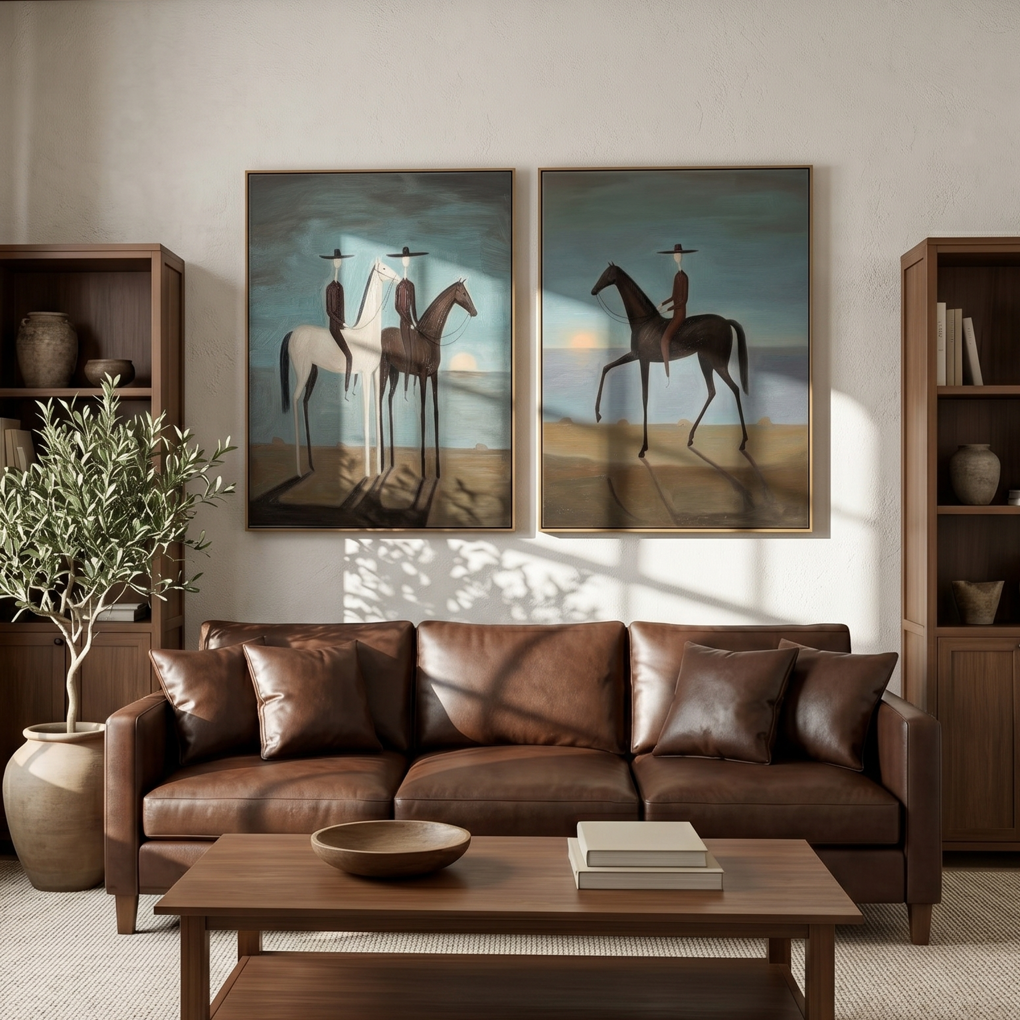"Twilight Horizon Riders Diptych" – Modern Heavy Impasto Surreal Western Figurative | 3D Teal Dusk & Umber Brown Palette Knife Painting | Luxury Two-Panel Vertical Wall Art Set #AB 519