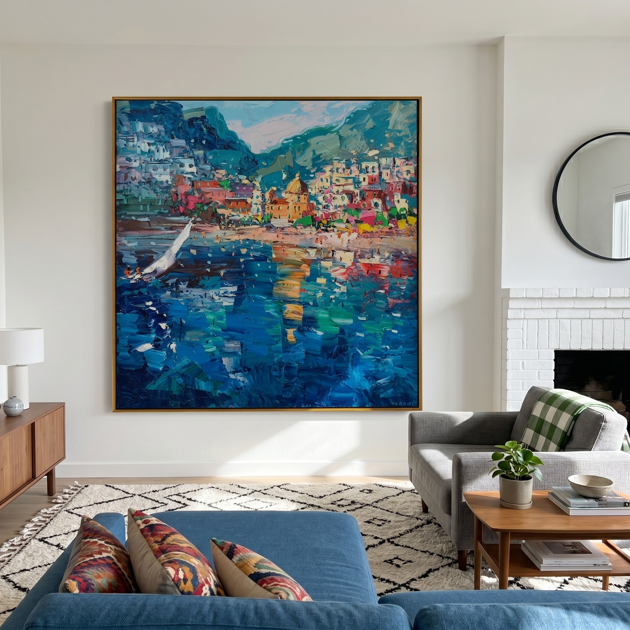 "Positano Bay Sailboat Reflections" - Modern Heavy Impasto Impressionist Coastal Townscape | 3D Deep Sapphire & Pastel Multicolor Palette Knife Painting | Luxury Square Wall Art #PT 583