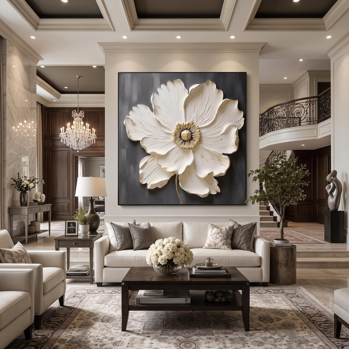 "Square White‑Gold Flower" - Modern Heavy Impasto Floral Abstract | White Palette Knife Painting | Luxury Square Wall Art #PT 2610