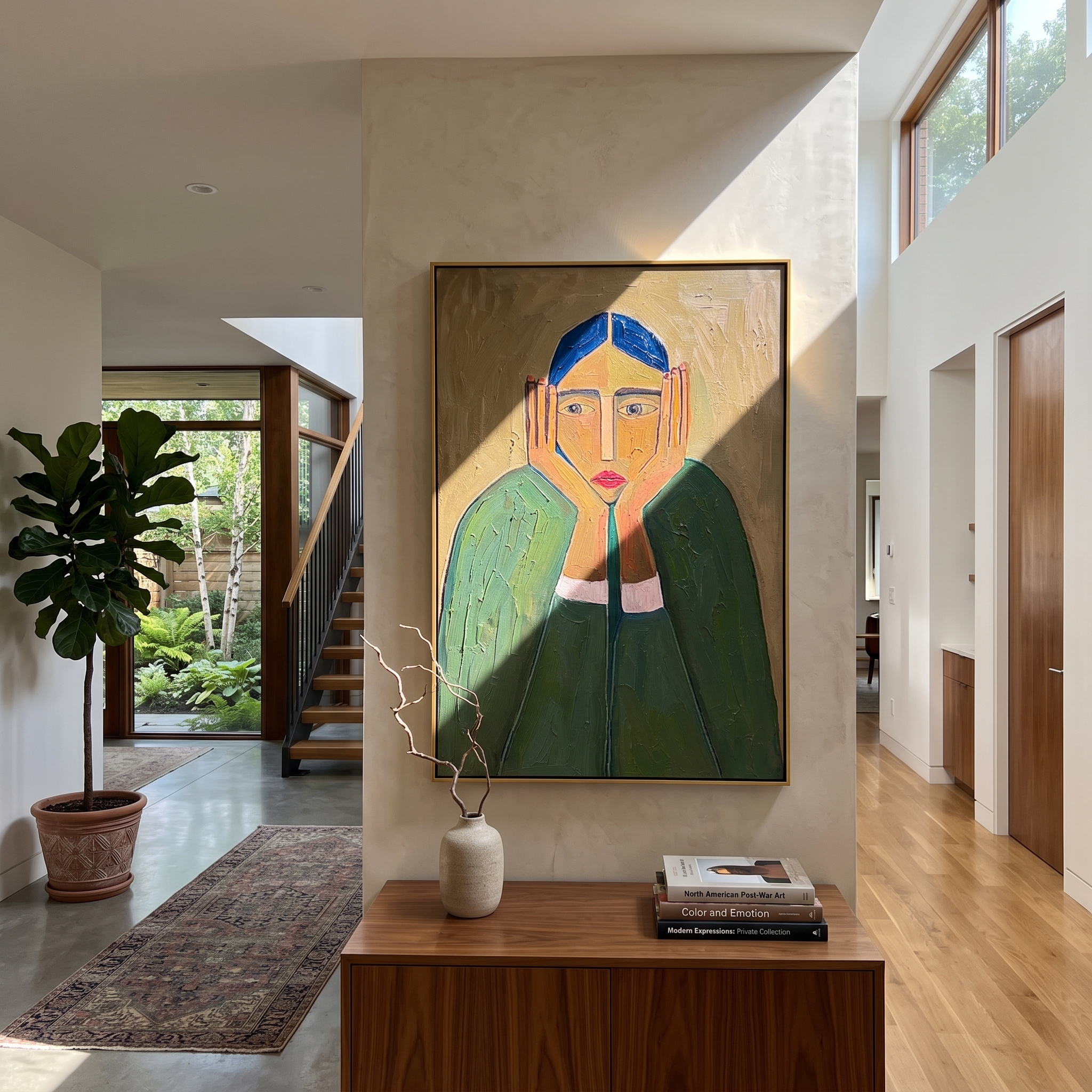 "Contemplative Primitive Lady Portrait" – Modern Heavy Impasto Figurative Art | 3D Olive & Emerald Palette Knife Painting | Luxury Vertical Wall Art #PT 639
