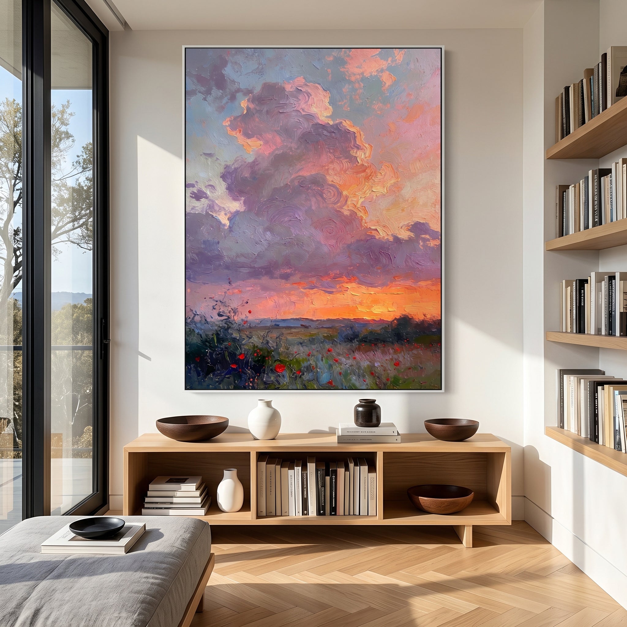 "Lavender Sunset Poppy Meadow" – Modern Heavy Impasto Impressionist Landscape | 3D Dusk Violet & Tangerine Glow Palette Knife Painting | Luxury Vertical Wall Art #PT 571