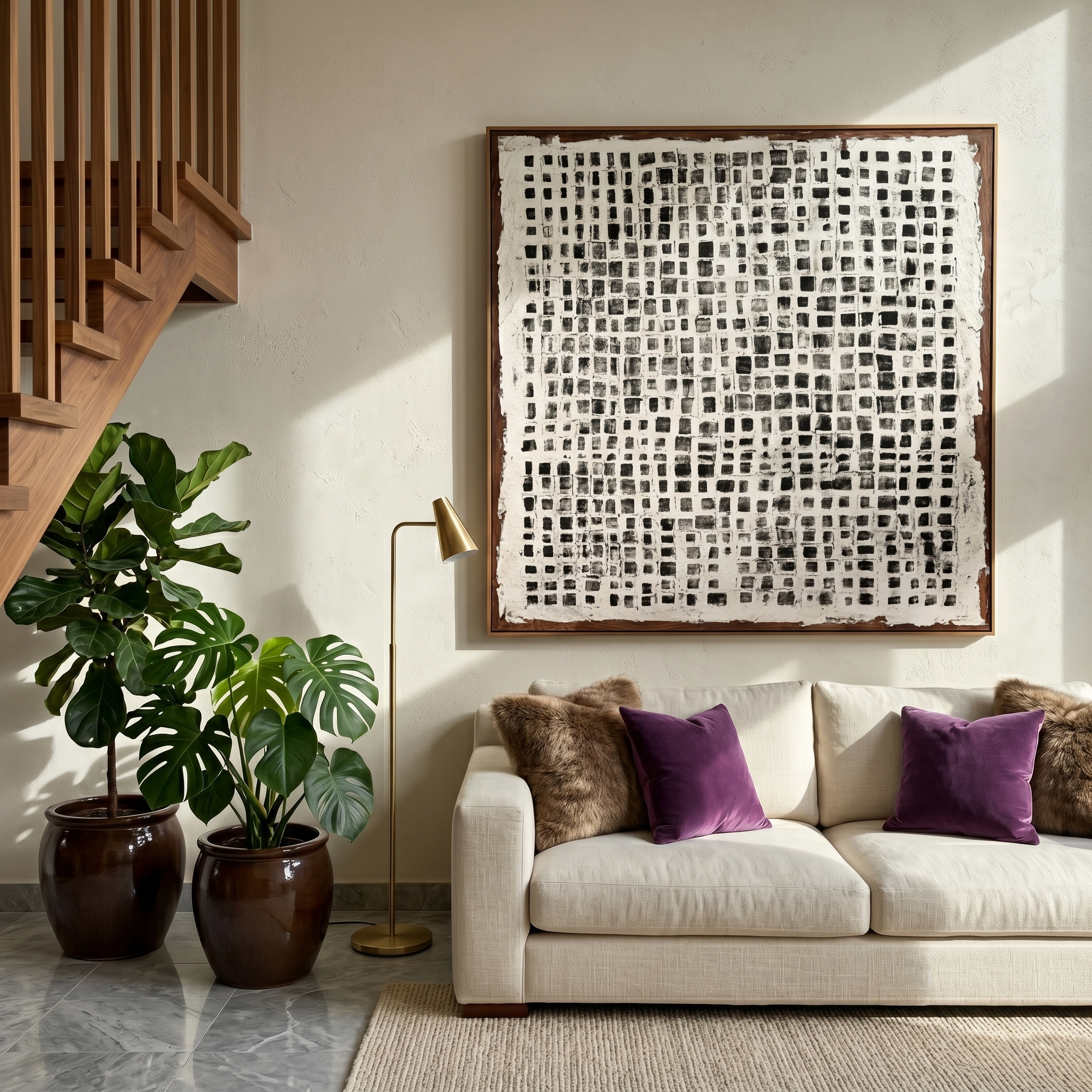"Vintage Ink Grid" - Modern Heavy Impasto Minimal Geometric Art | 3D Charcoal Black & Off-White Palette Knife Painting | Luxury Square Wall Art #WS259
