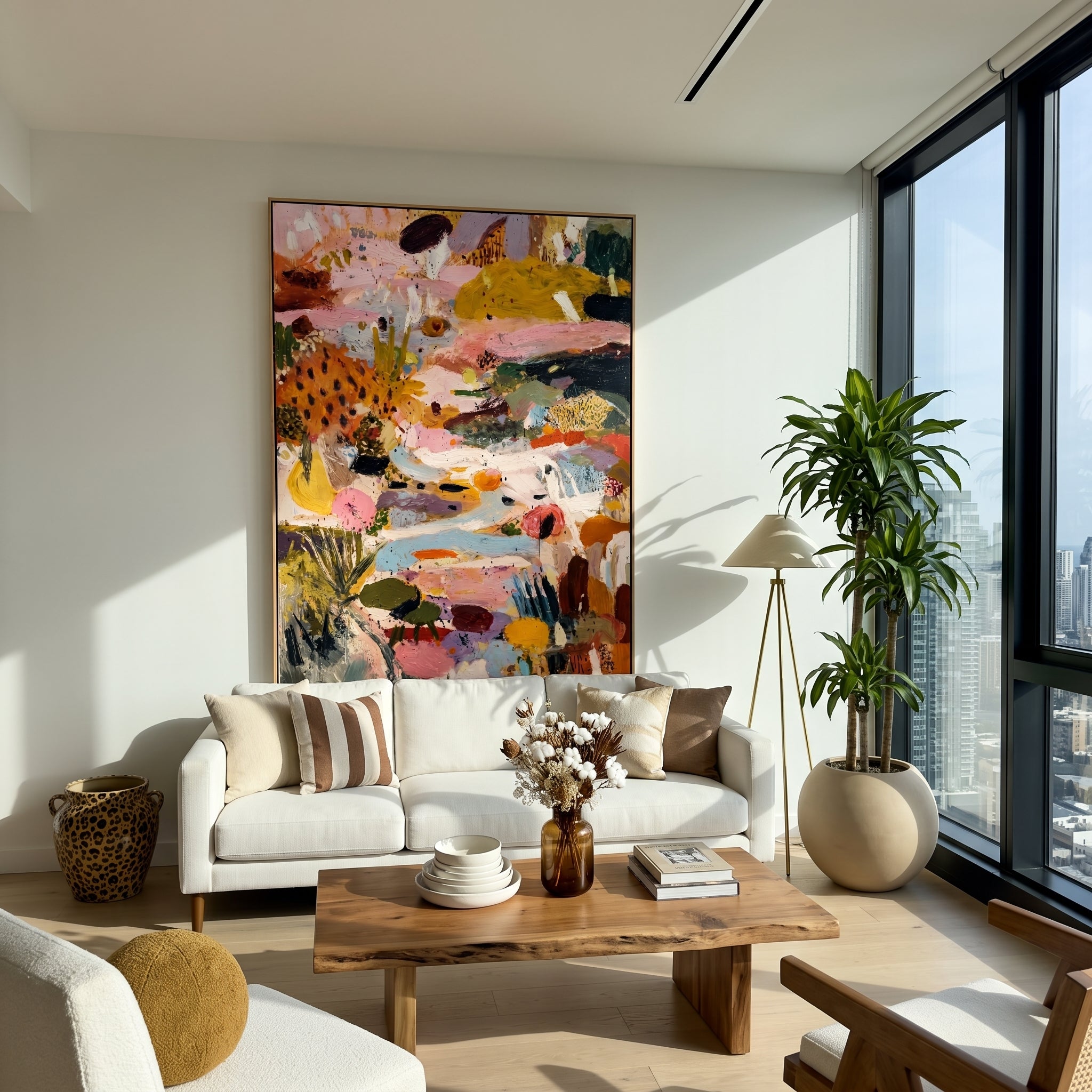 "Vibrant Wild Garden Abstract Chaos" – Modern Heavy Impasto Expressionist Floral Abstract | 3D Mustard Ochre & Blush Pink Palette Knife Painting | Luxury Vertical Wall Art #PT 572