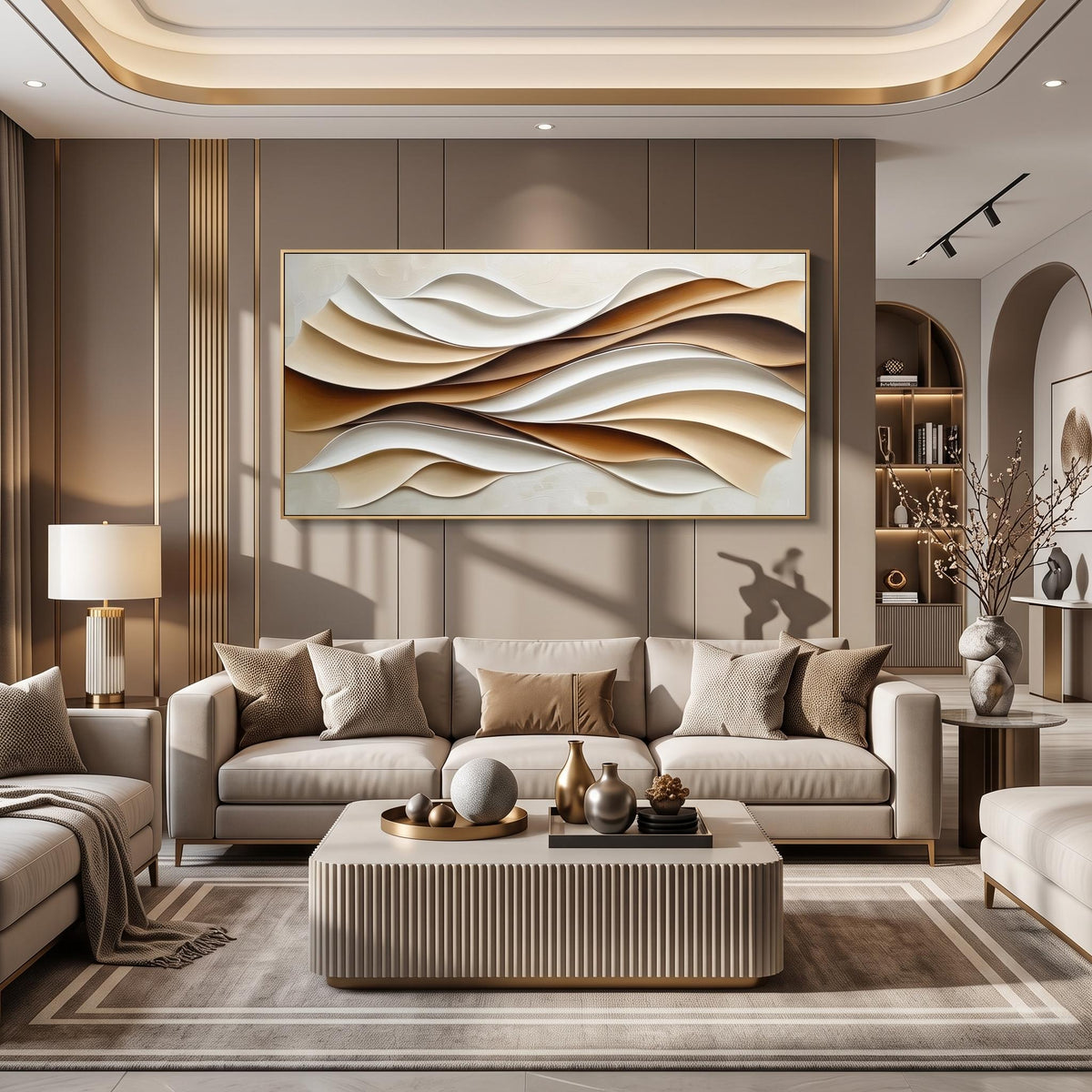 "Layered Wave" - Modern Heavy Impasto Ocean Wave Seascape | Beige Palette Knife Painting | Luxury Horizontal Wall Art #PT 2622