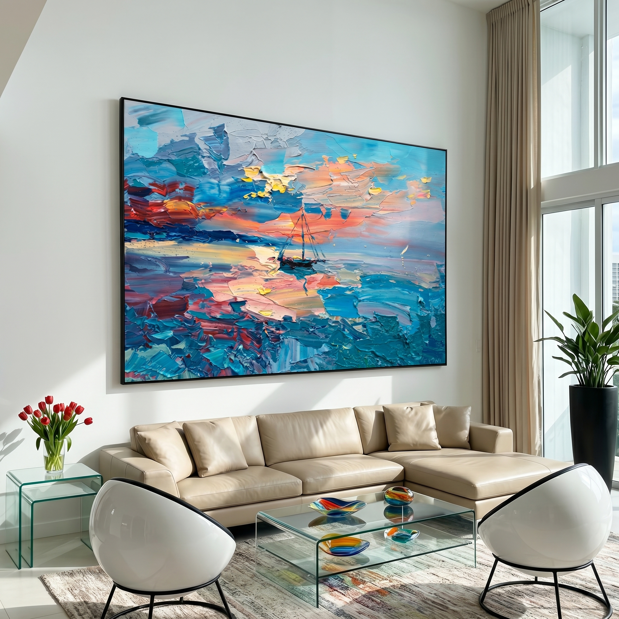 "Harbor Afterglow" - Modern Heavy Impasto Seascape | Turquoise Blue & Sunset Pink Sailboat Oil Painting | Luxury Horizontal Wall Art #PT 591