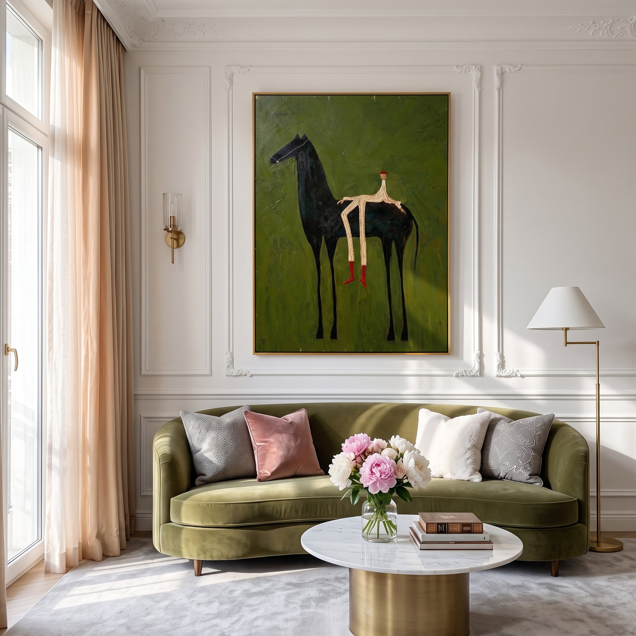 "Whimsical Slender Rider & Black Steed" – Modern Heavy Impasto Primitive Surreal Figurative | 3D Moss Olive & Crimson Red Palette Knife Painting | Luxury Vertical Wall Art #AB 526