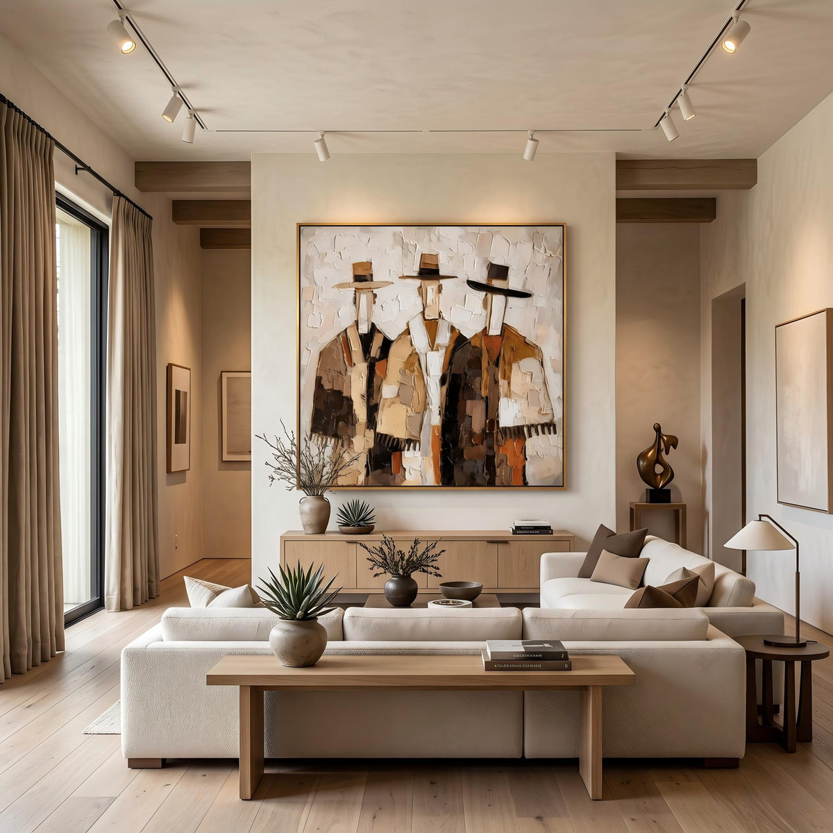 "Three Cowboys Impasto Wall" - Modern Heavy Impasto Abstract Artwork | Orange Palette Knife Painting | Luxury Square Wall Art #PT 2627