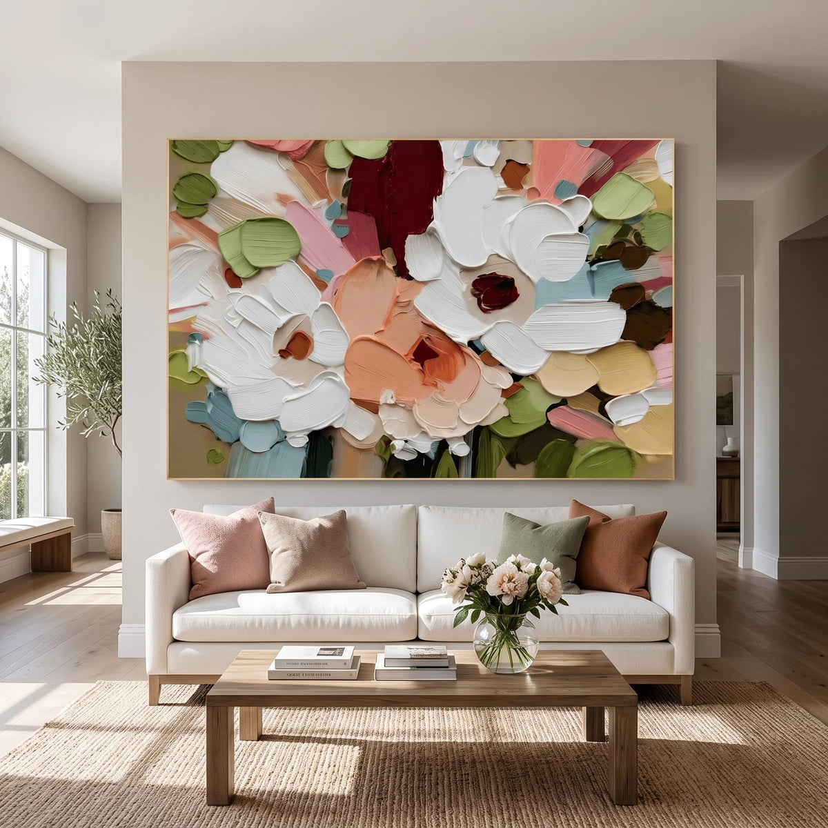 "Colorful Textured Floral Wall" - Modern Heavy Impasto Floral Abstract | White Palette Knife Painting | Luxury Horizontal Wall Art #PT 2606