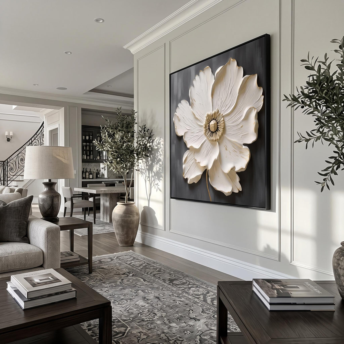 "Square White‑Gold Flower" - Modern Heavy Impasto Floral Abstract | White Palette Knife Painting | Luxury Square Wall Art #PT 2610