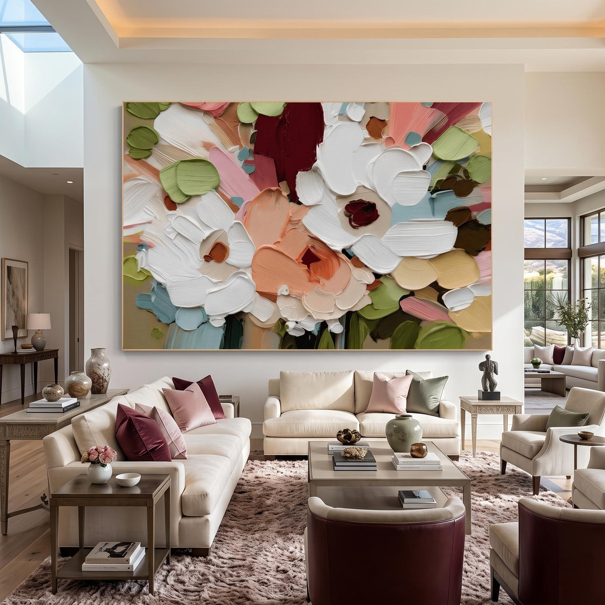 "Colorful Textured Floral Wall" - Modern Heavy Impasto Floral Abstract | White Palette Knife Painting | Luxury Horizontal Wall Art #PT 2606