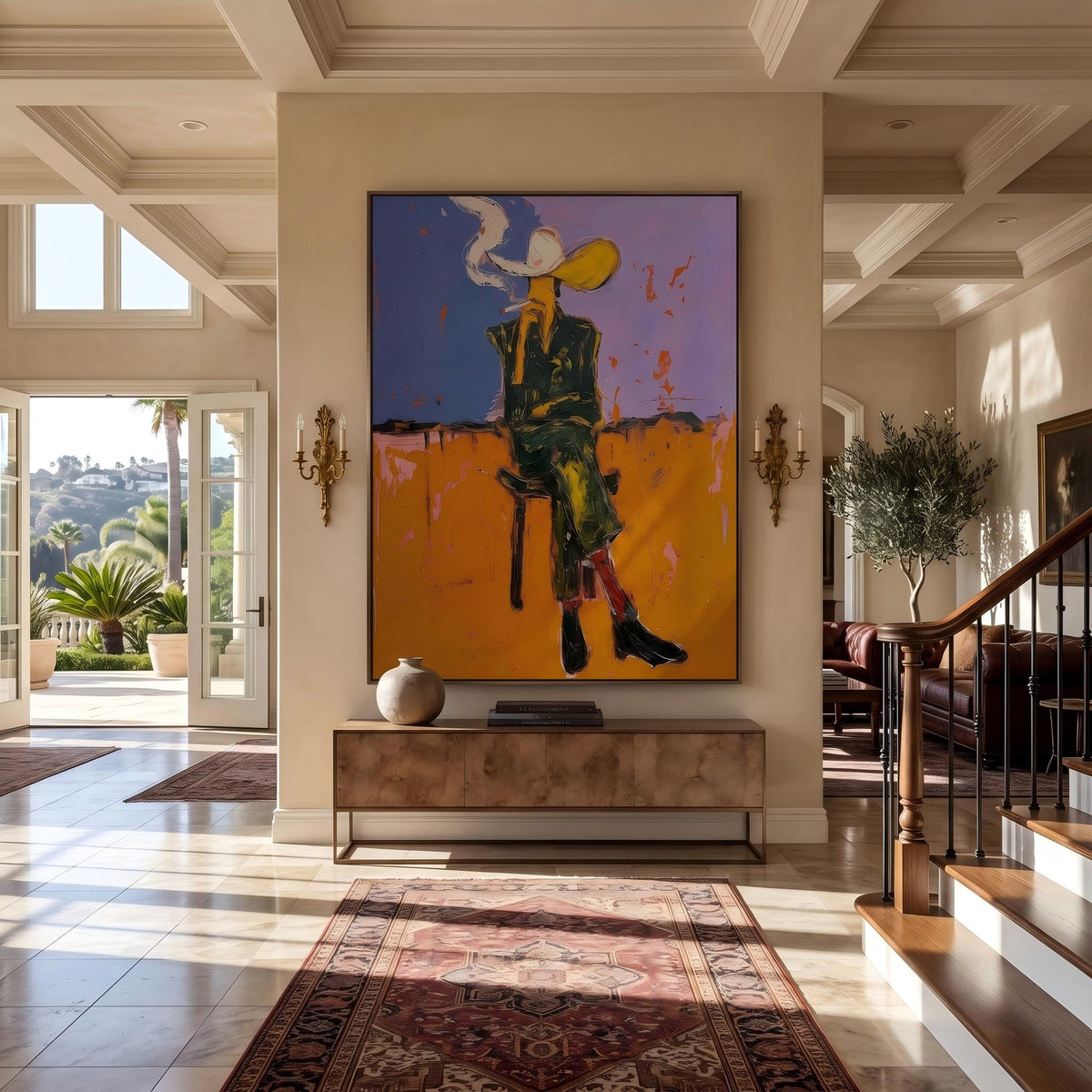 "Cigarettes Western Cowboy" - Modern Heavy Impasto Western Animal Artwork | Orange Palette Knife Painting | Luxury Vertical Wall Art #PT 2646