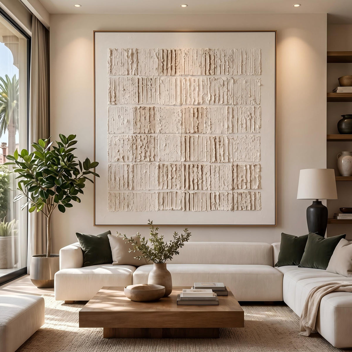 "Cream Block Relief Abstract" - Modern Heavy Impasto Abstract Artwork | White Palette Knife Painting | Luxury Square Wall Art #PT 2623
