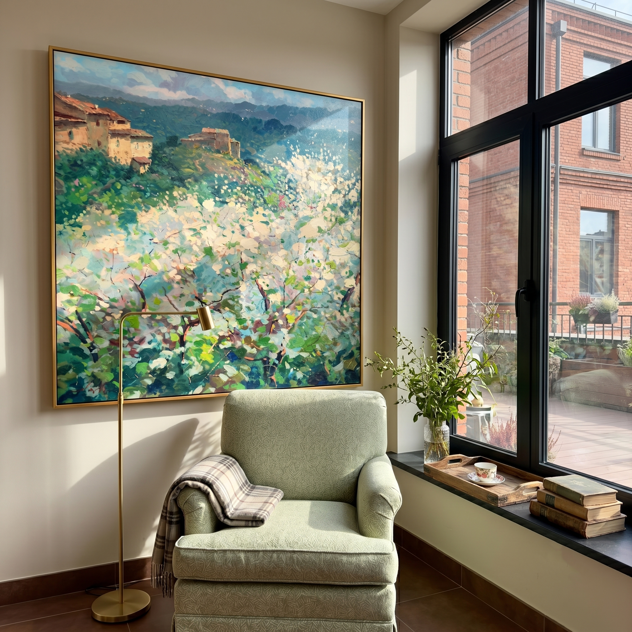 "Tuscan Spring Blossom Hamlet" - Modern Heavy Impasto Impressionist Country Landscape | 3D Soft Ivory Bloom & Forest Sage Palette Knife Painting | Luxury Square Wall Art #PT 584