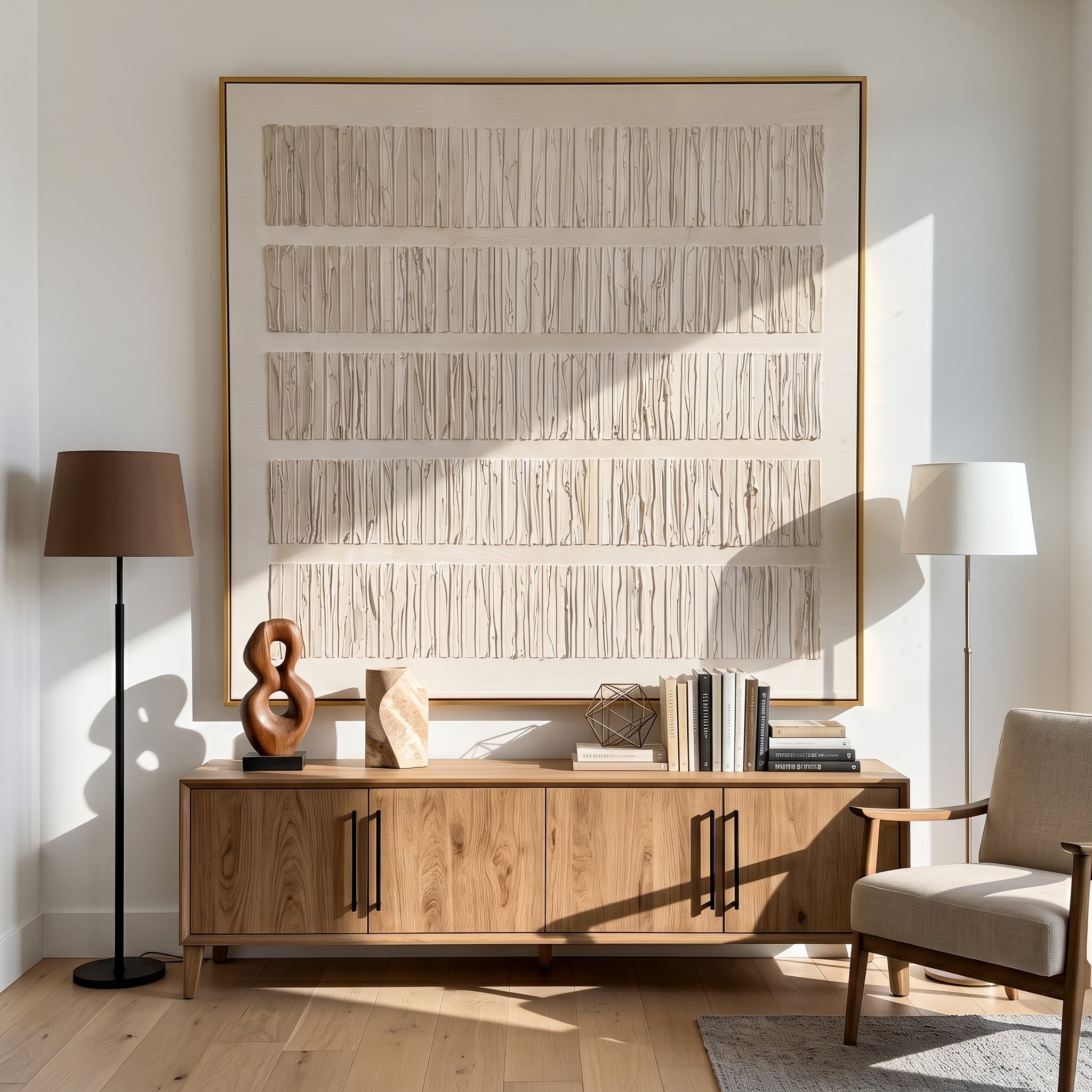 "Linear Neutral Textured Strata" – Modern Heavy Impasto Minimal Abstract Relief | 3D Warm Ivory & Beige Clay Palette Knife Painting | Luxury Square Wall Art #WS 258