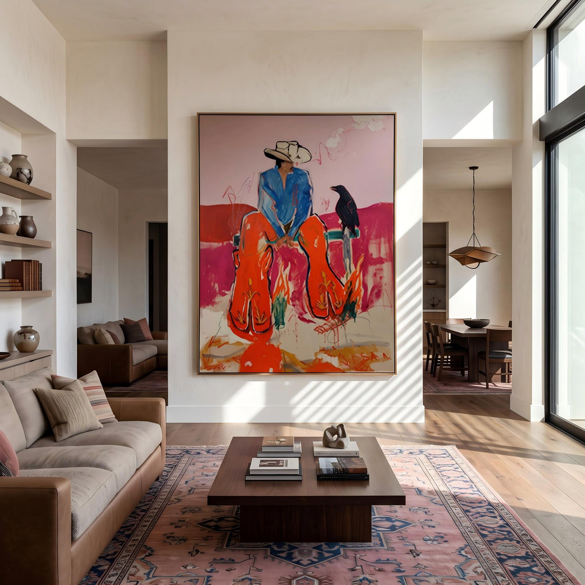 "Crow Cowboy" - Modern Heavy Impasto Western Animal Artwork | Pink Palette Knife Painting | Luxury Vertical Wall Art #PT 2649