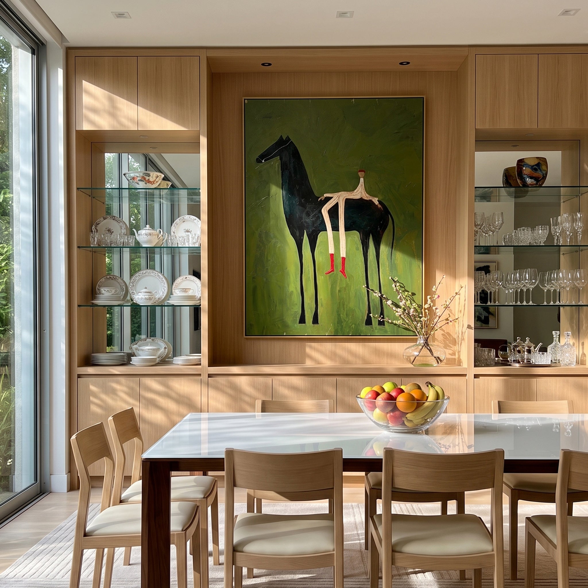 "Whimsical Slender Rider & Black Steed" – Modern Heavy Impasto Primitive Surreal Figurative | 3D Moss Olive & Crimson Red Palette Knife Painting | Luxury Vertical Wall Art #AB 526