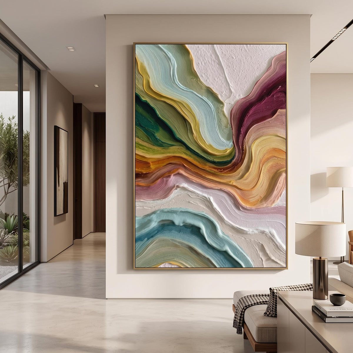 "Multicolor Layer Flow Abstract Wall" - Modern Heavy Impasto Abstract Artwork | Beige Palette Knife Painting | Luxury Vertical Wall Art #PT 2621