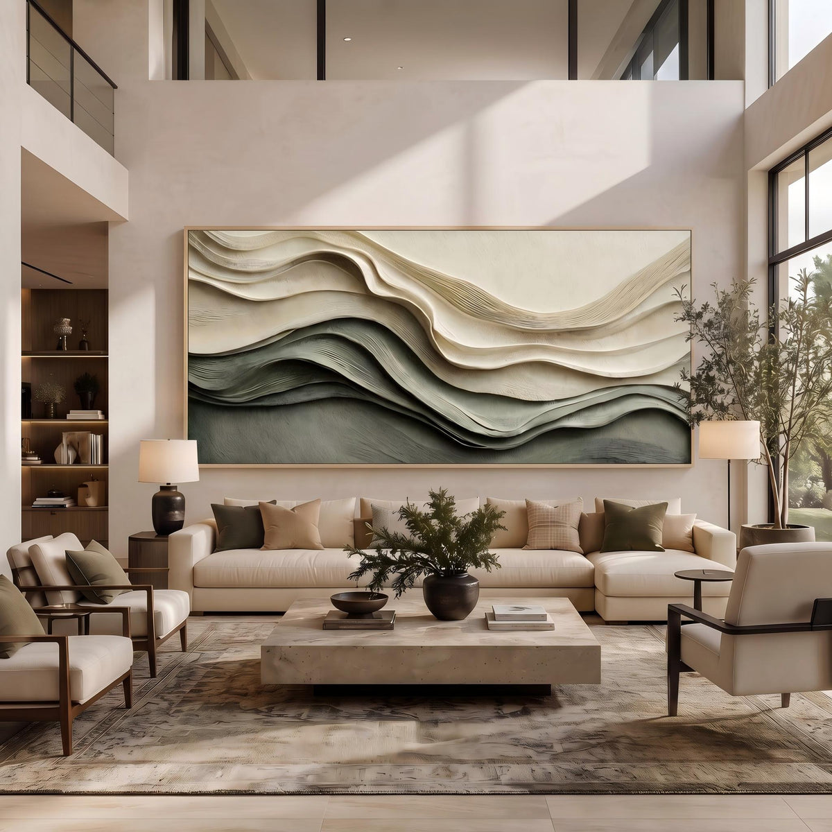 "Layered Wave Abstract" - Modern Heavy Impasto Ocean Wave Seascape | Beige Palette Knife Painting | Luxury Horizontal Wall Art #PT 2600