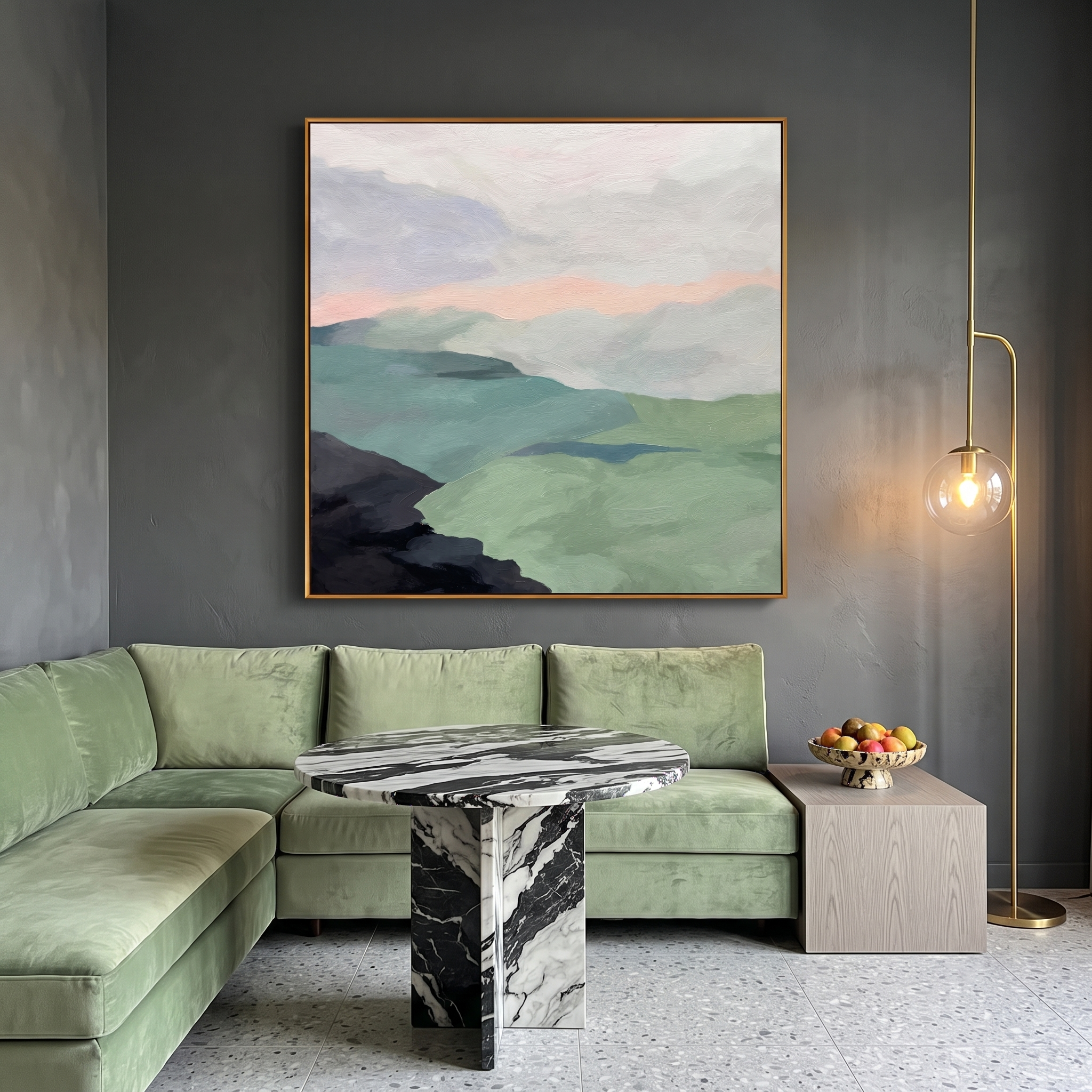 "Misty Pastel Mountain Ridges" – Modern Heavy Impasto Minimalist Landscape | 3D Sage Green & Blush Dusk Palette Knife Painting | Luxury Square Wall Art #PT 569