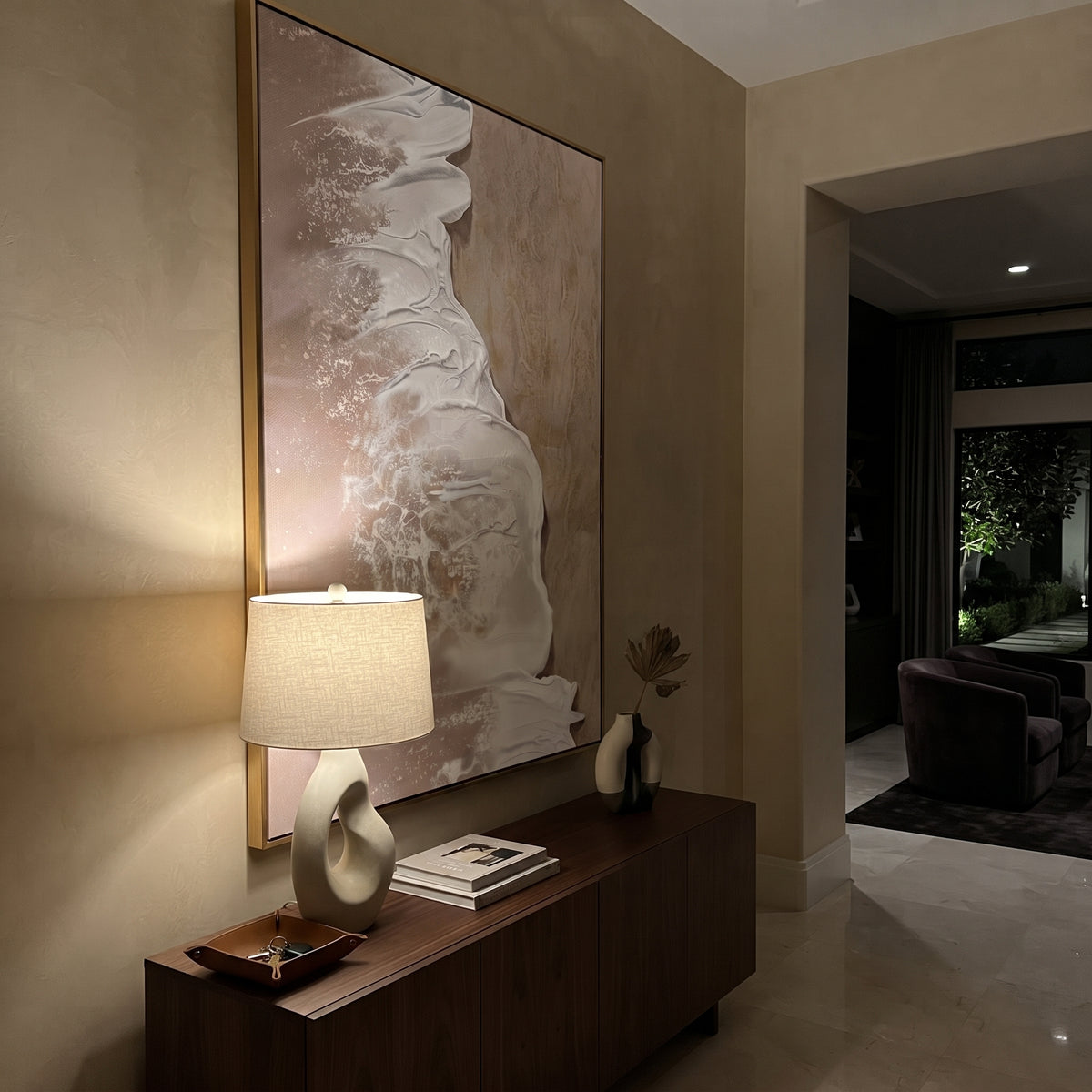 "Sand Tidal Glow" is a 100% hand-painted seascape created with professional oil and acrylic paints on high-quality canvas. Its beige & white palette and visible textured strokes give every piece authentic handmade variation and tactile depth.