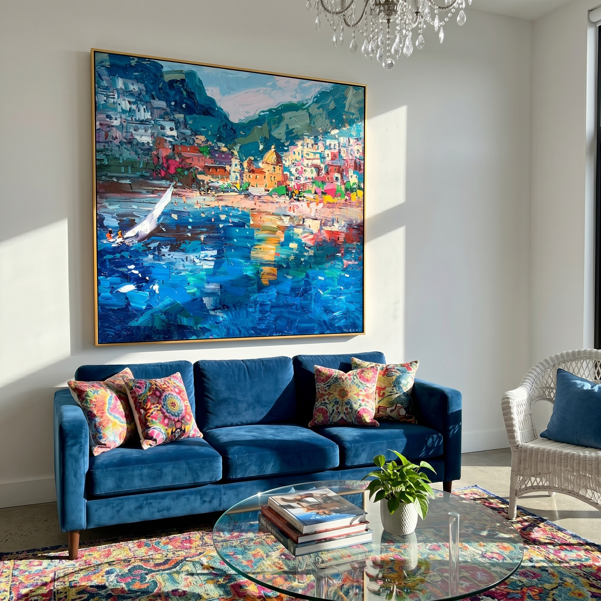 "Positano Bay Sailboat Reflections" - Modern Heavy Impasto Impressionist Coastal Townscape | 3D Deep Sapphire & Pastel Multicolor Palette Knife Painting | Luxury Square Wall Art #PT 583