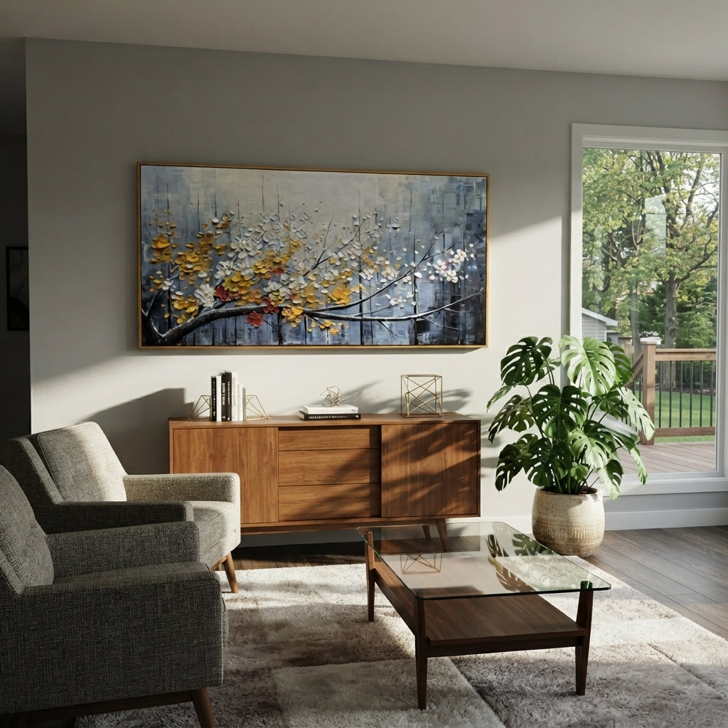 "Azure Quiet Motion" is a 100% hand-painted abstract artwork created with professional oil and acrylic paints on high-quality canvas. Its blue & orange palette and visible textured strokes give every piece authentic handmade variation and tactile depth.