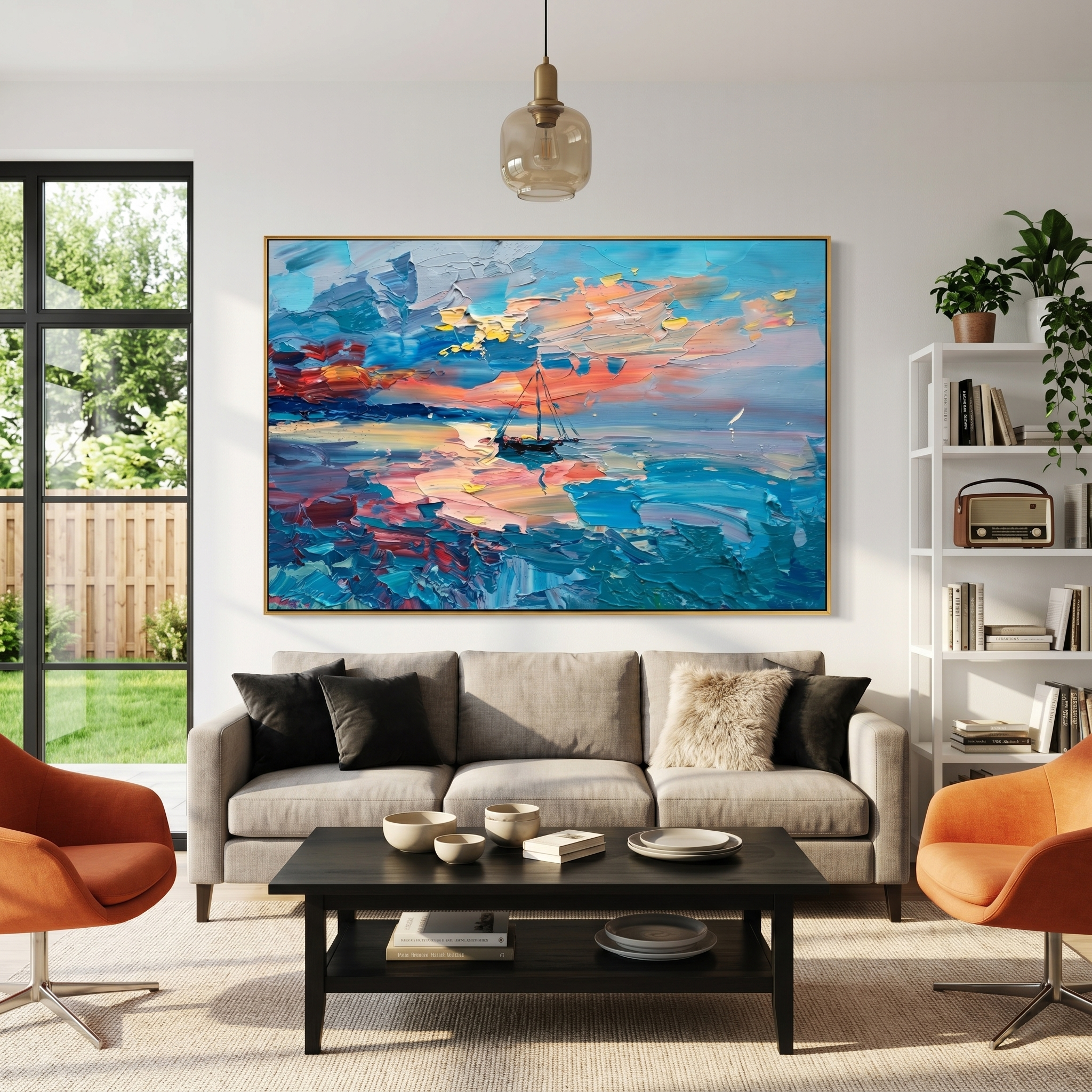 "Harbor Afterglow" - Modern Heavy Impasto Seascape | Turquoise Blue & Sunset Pink Sailboat Oil Painting | Luxury Horizontal Wall Art #PT 591