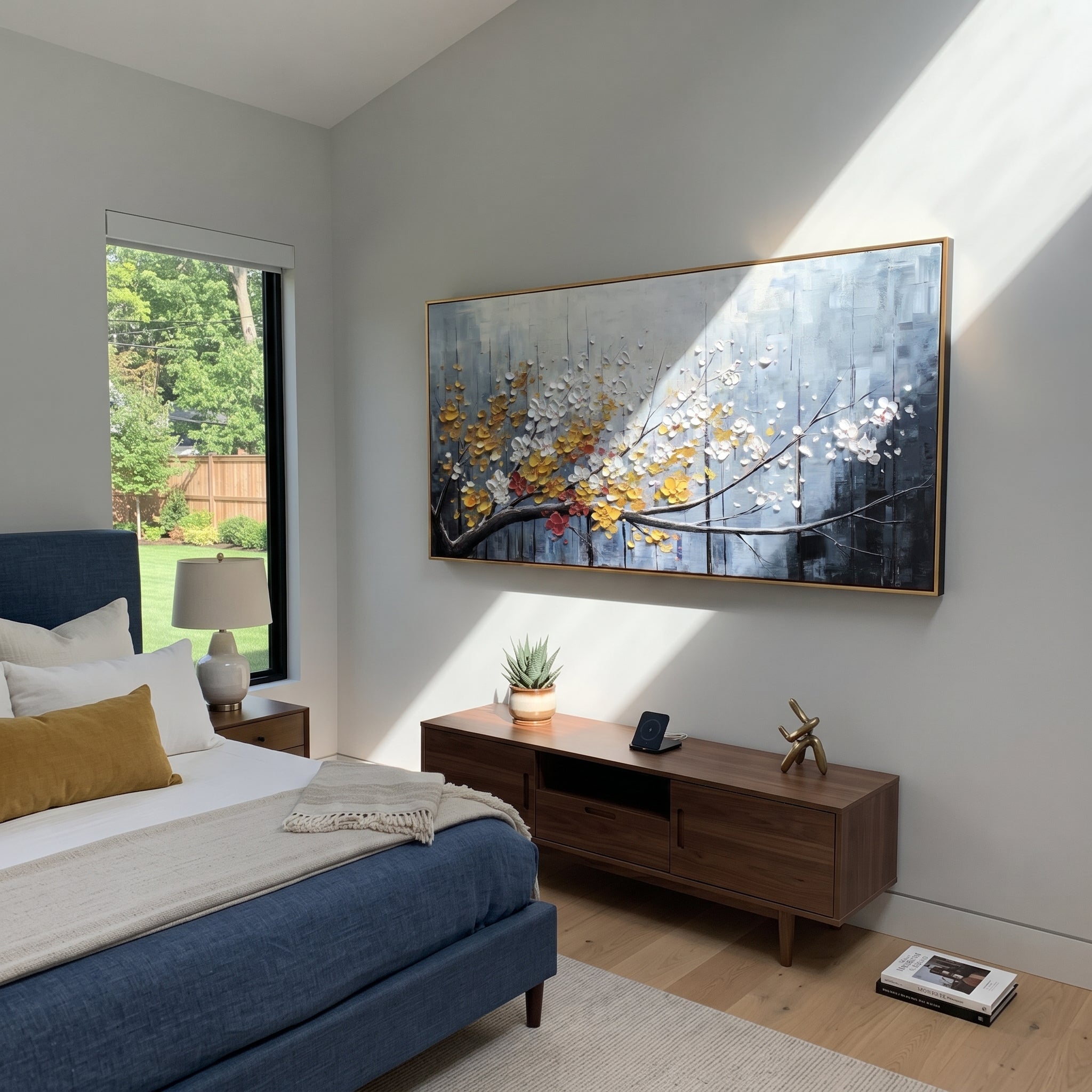 "Azure Quiet Motion" is a 100% hand-painted abstract artwork created with professional oil and acrylic paints on high-quality canvas. Its blue & orange palette and visible textured strokes give every piece authentic handmade variation and tactile depth.