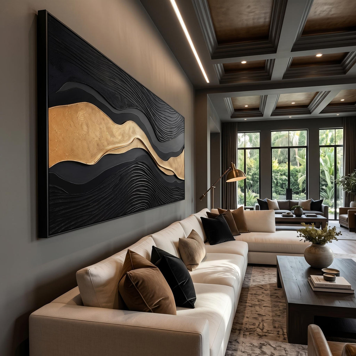 "Luxury Black‑Gold Layered Mountain" - Modern Heavy Impasto Landscape Artwork | Beige Palette Knife Painting | Luxury Horizontal Wall Art #PT 2612